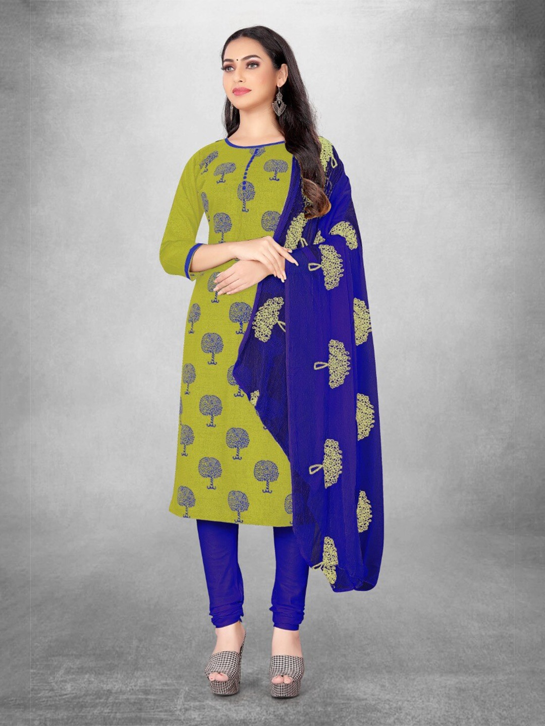 

APNISHA Ethnic Motifs Printed Unstitched Dress Material, Olive