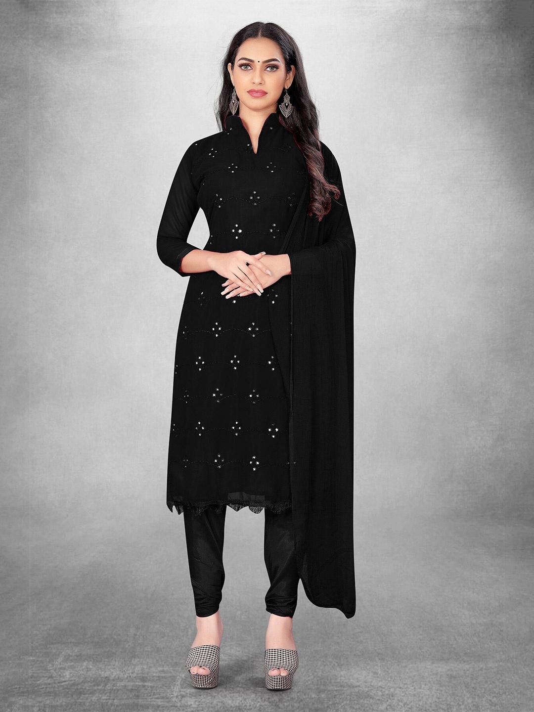 

APNISHA Embroidered Mirror Work Silk Georgette Unstitched Dress Material, Black