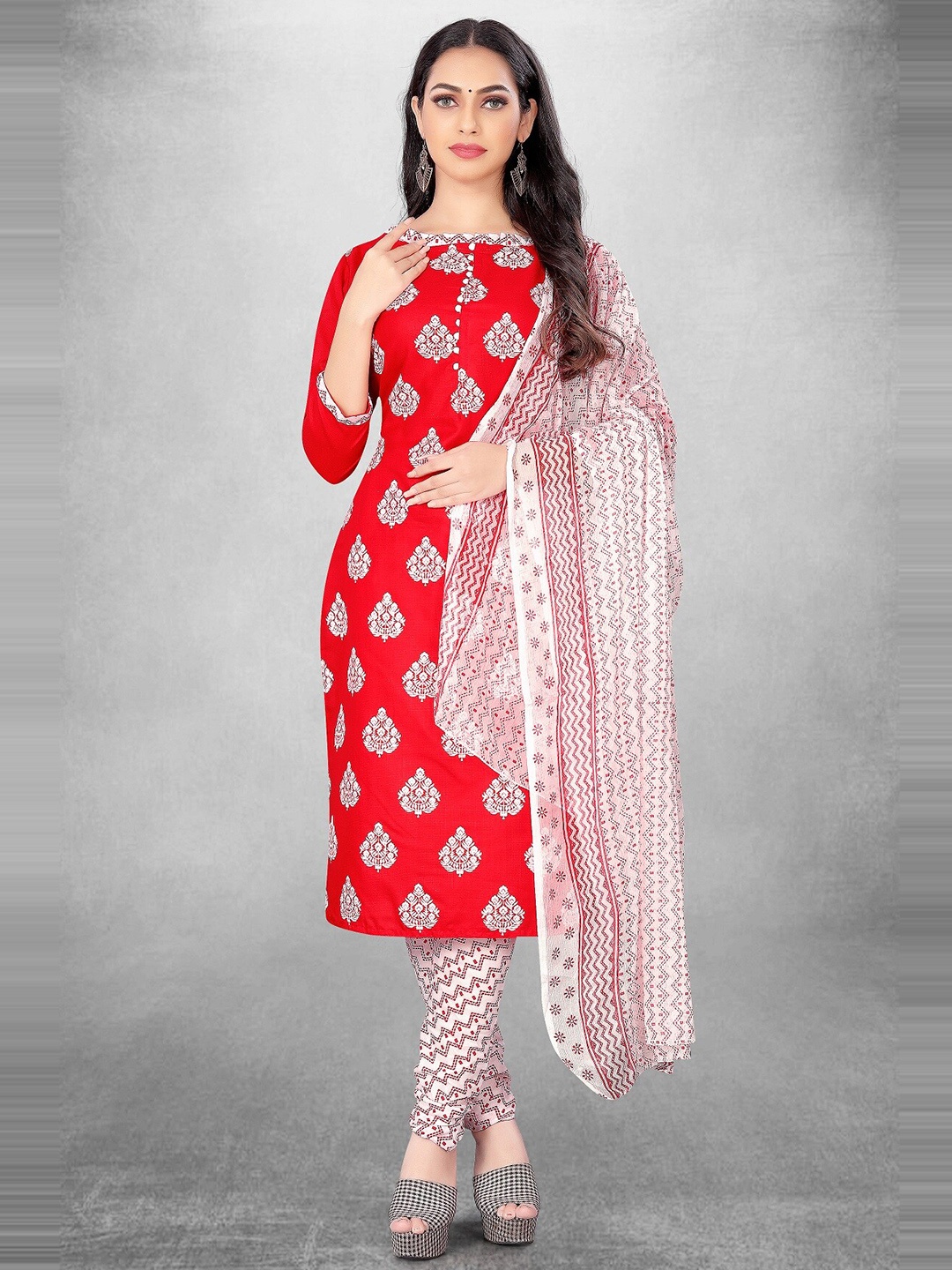 

APNISHA Ethnic Motifs Printed Unstitched Dress Material, Red