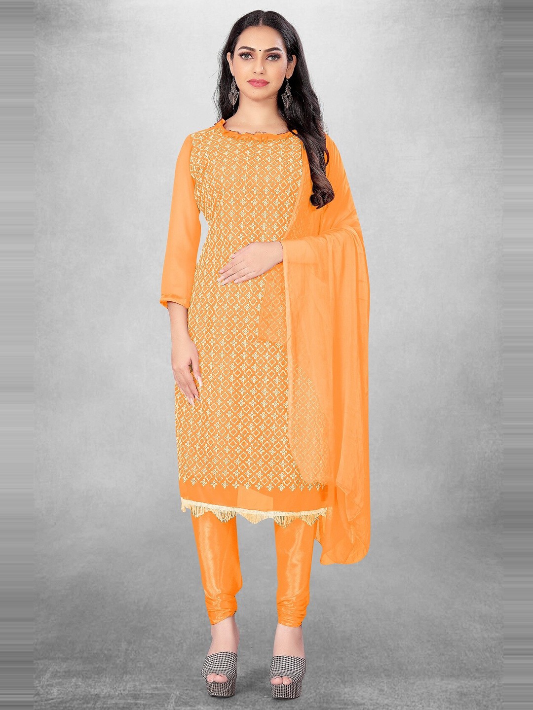 

APNISHA Ethnic Motifs Embroidered Silk Georgette Unstitched Dress Material, Orange