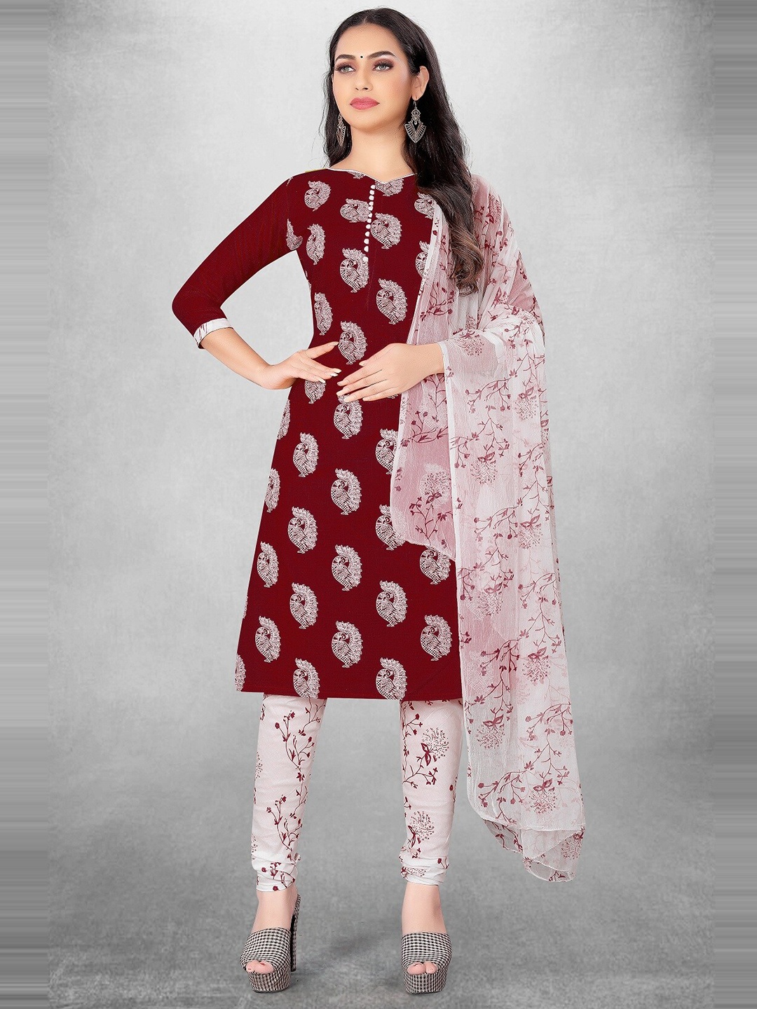 

APNISHA Ethnic Motifs Printed Unstitched Dress Material, Maroon