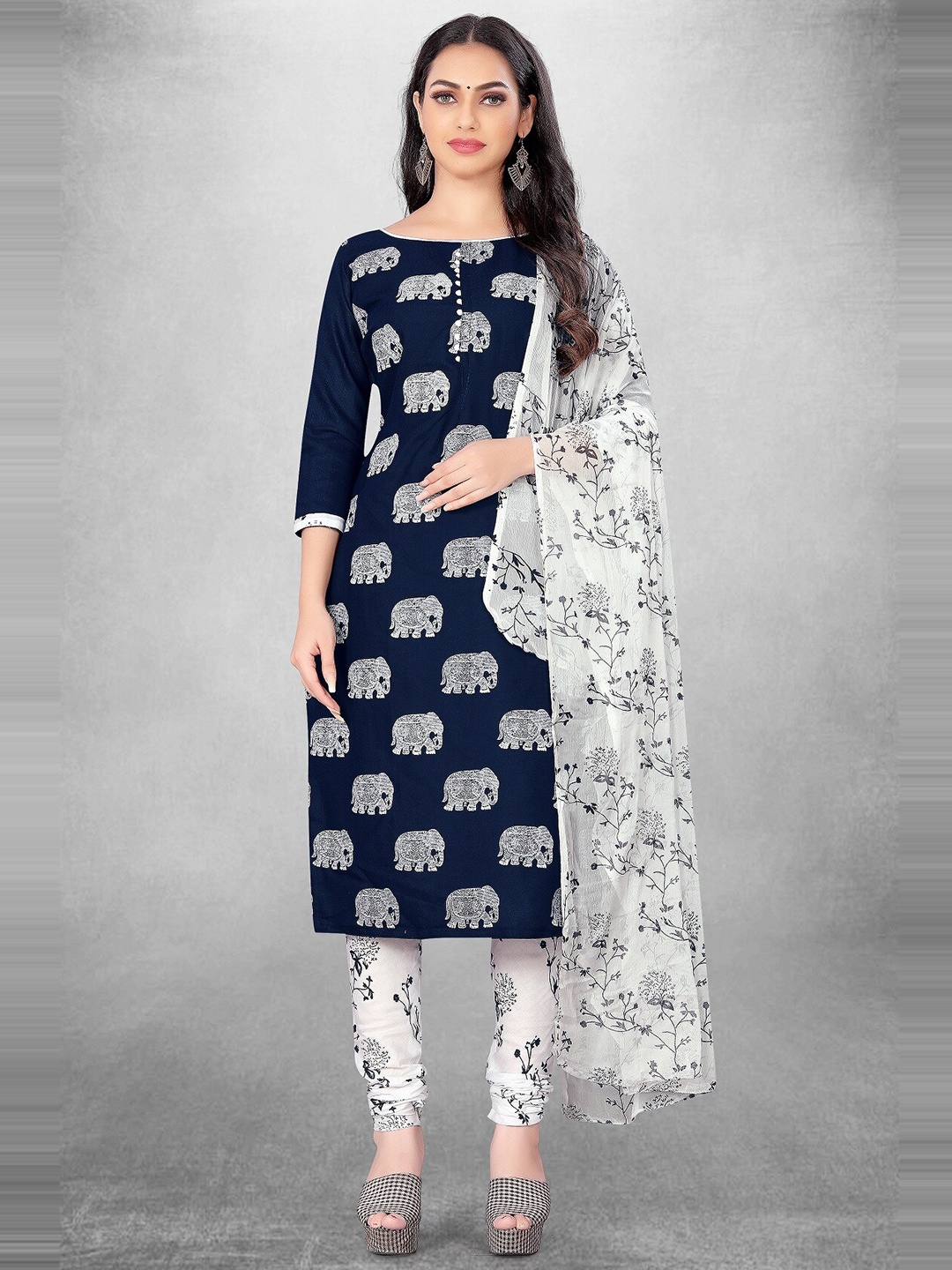 

APNISHA Ethnic Motifs Printed Unstitched Dress Material, Navy blue