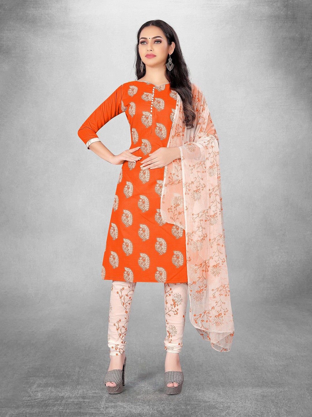 

APNISHA Ethnic Motifs Printed Unstitched Dress Material, Orange