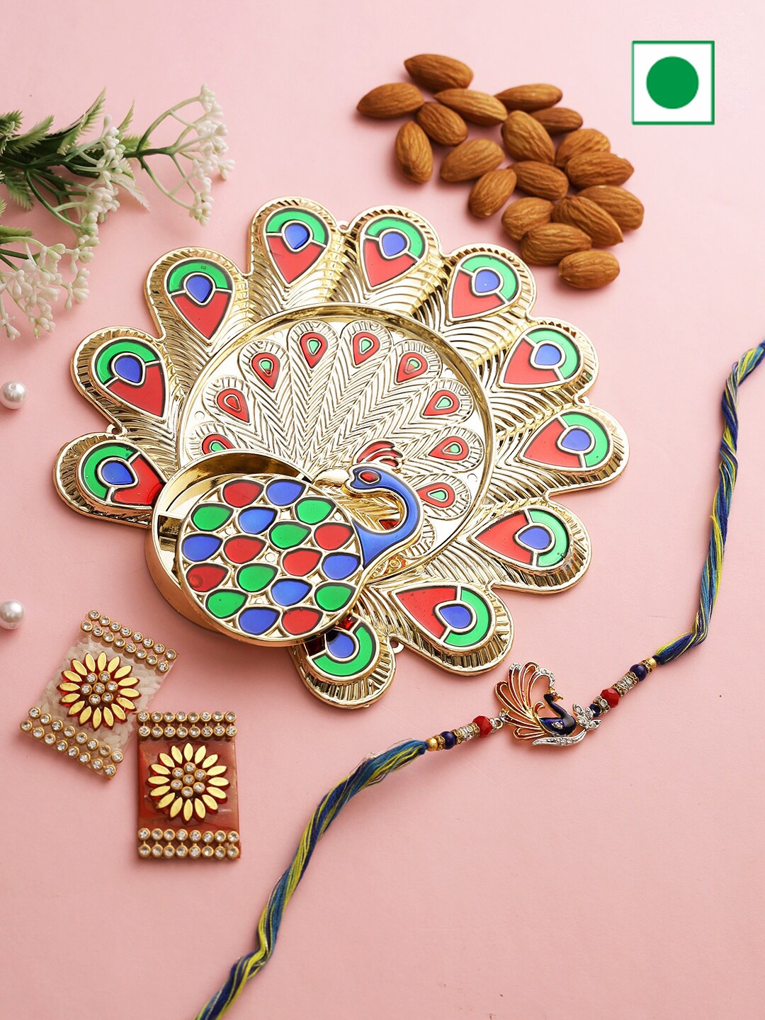 

Aapno Rajasthan Traditional Design Thali Almonds with Bhaiya Rakhi-200gms, Yellow