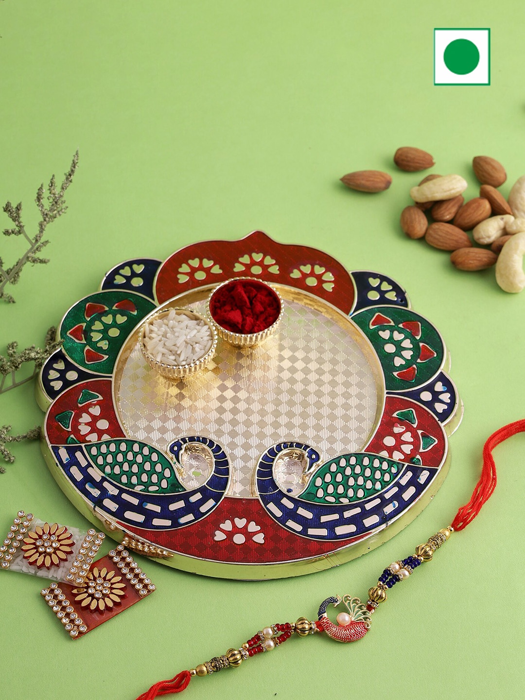 

Aapno Rajasthan Beaded Peacock Charmed Rakhi With Gifts Set-100gms Each, Gold
