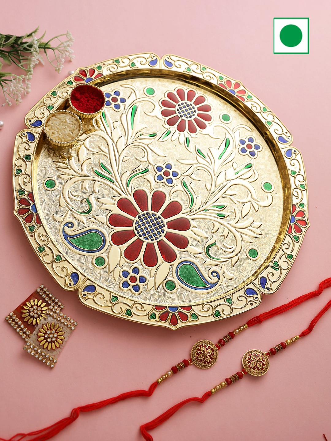 

Aapno Rajasthan Beaded Floral Charm Rakhi & With Gifts Set-200gms, Gold