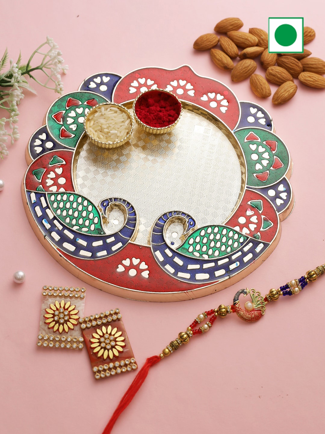 

Aapno Rajasthan Peacock Charm Rakhi With Gifts Set-200 g, Gold
