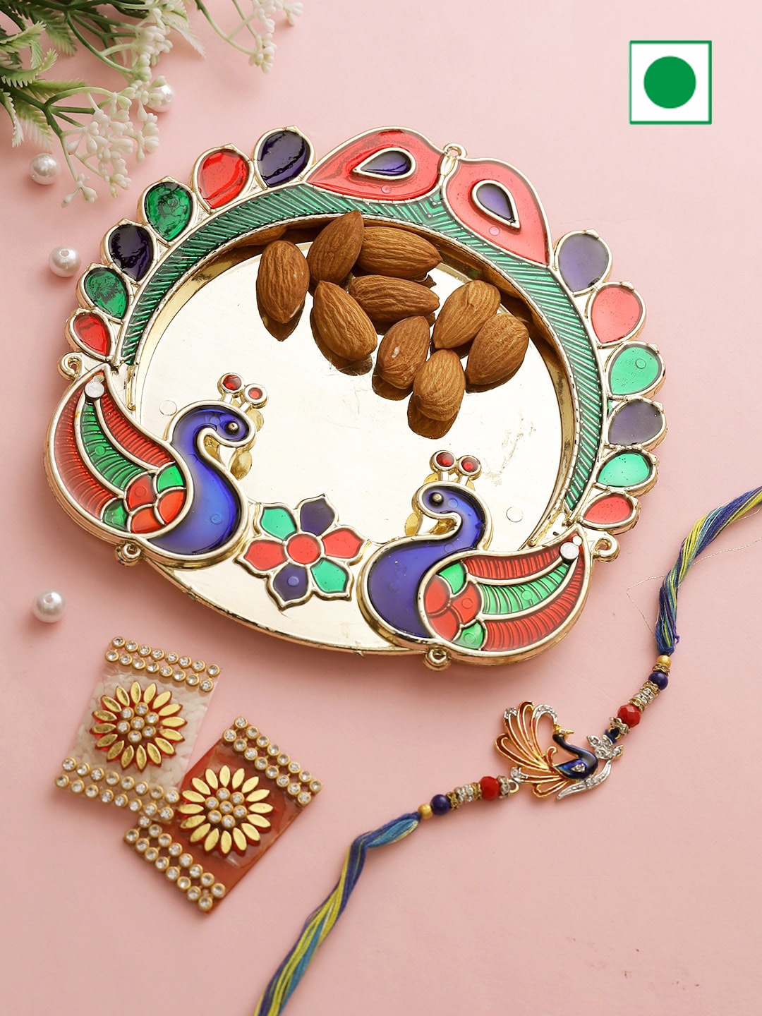 

Aapno Rajasthan Peacock Charm Bhaiya Rakhi & Gifts Set-200gms, Gold