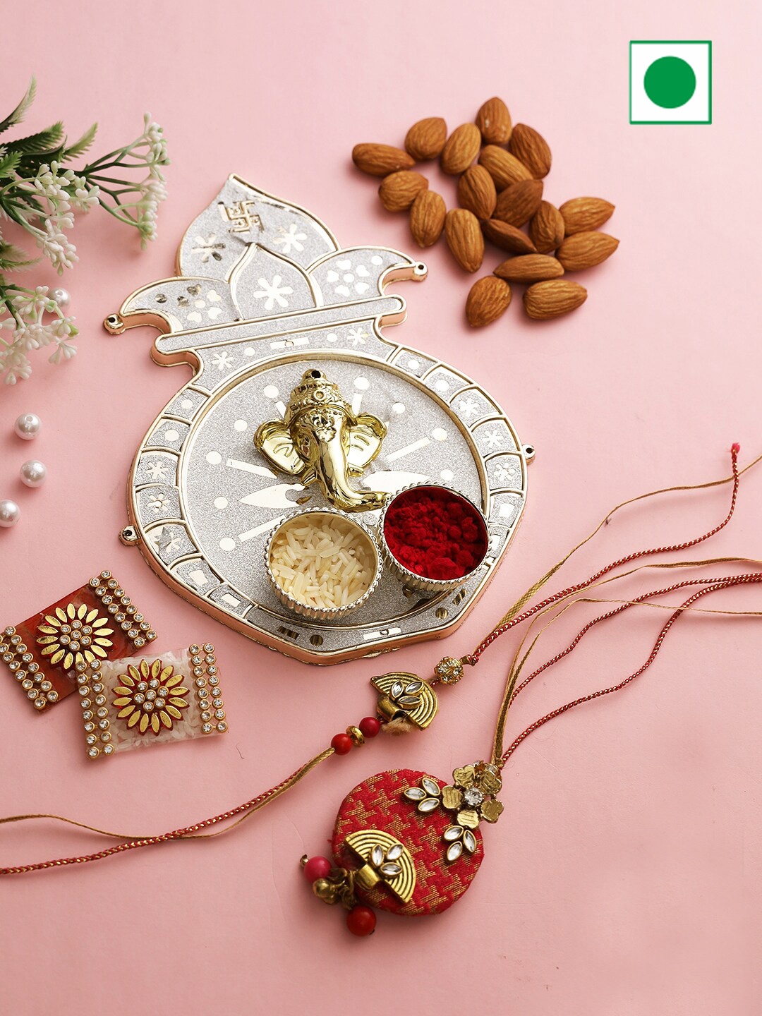 

Aapno Rajasthan Almonds And Kalash Motif Roli Chawal Thali With Bhaiya Bhabhi Rakhi 200gms, Gold