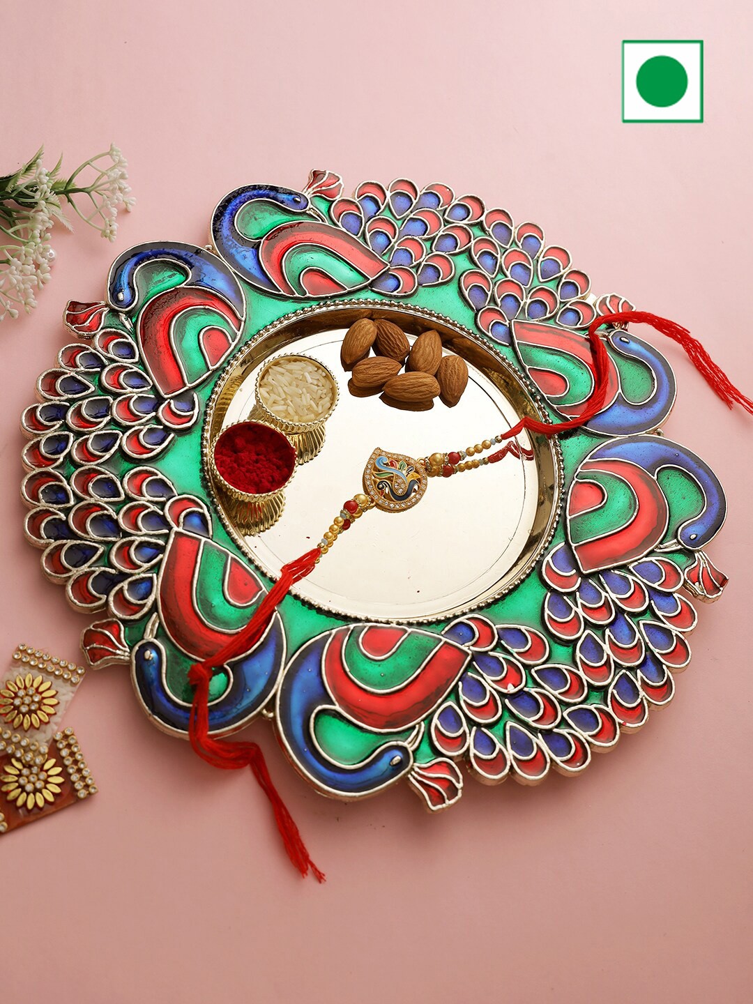 

Aapno Rajasthan Stone Studded Peacock Charm Rakhi With Gifts Set 200gms, Red