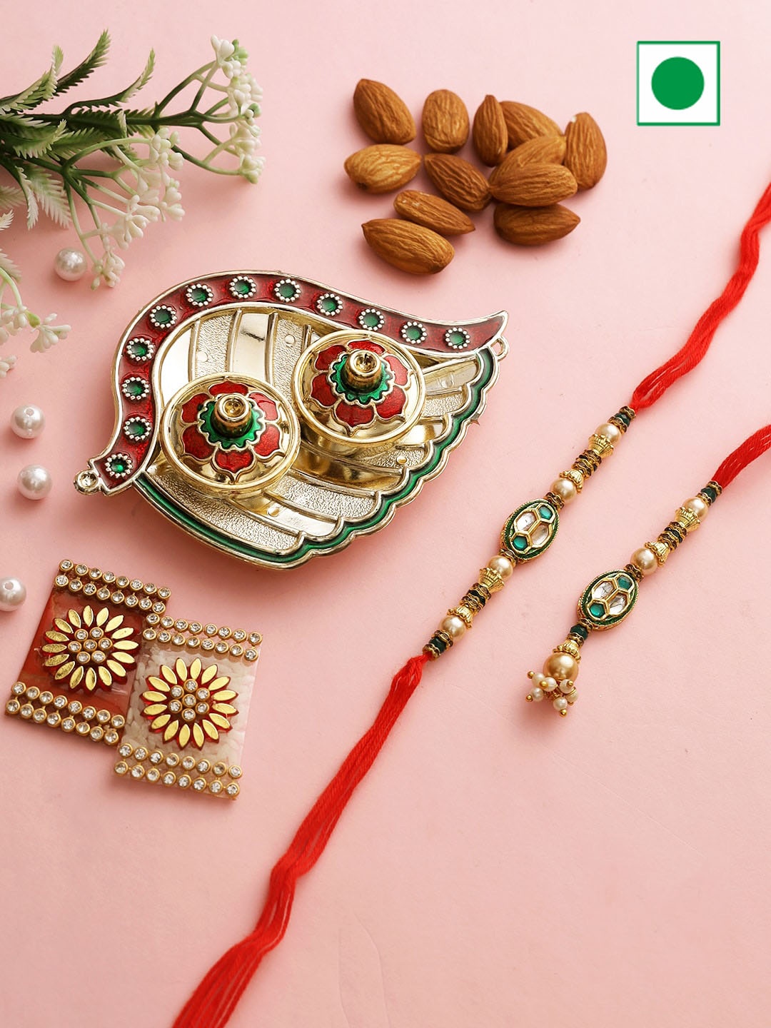 

Aapno Rajasthan Thali and 2 Decorative Boxes with Almonds and Bhaiya Bhabhi Rakhi 200 g, Gold