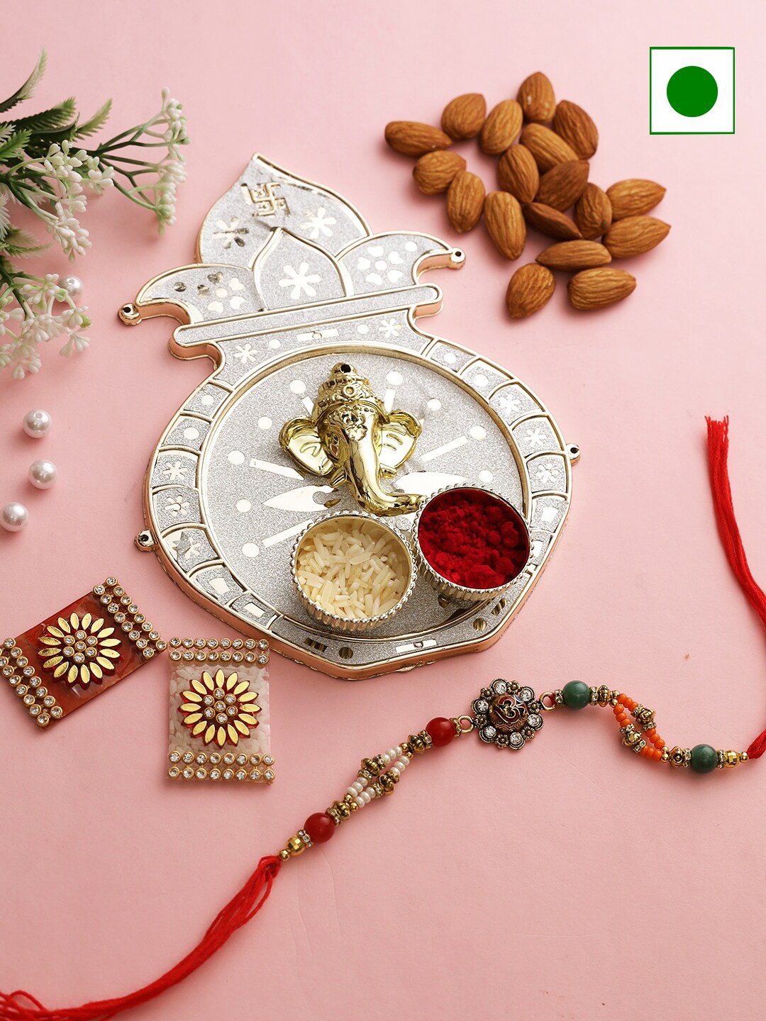 

Aapno Rajasthan Kalash Motif Roli Chawal Thali With Almonds And Bhaiya Rakhi 200gms, Gold