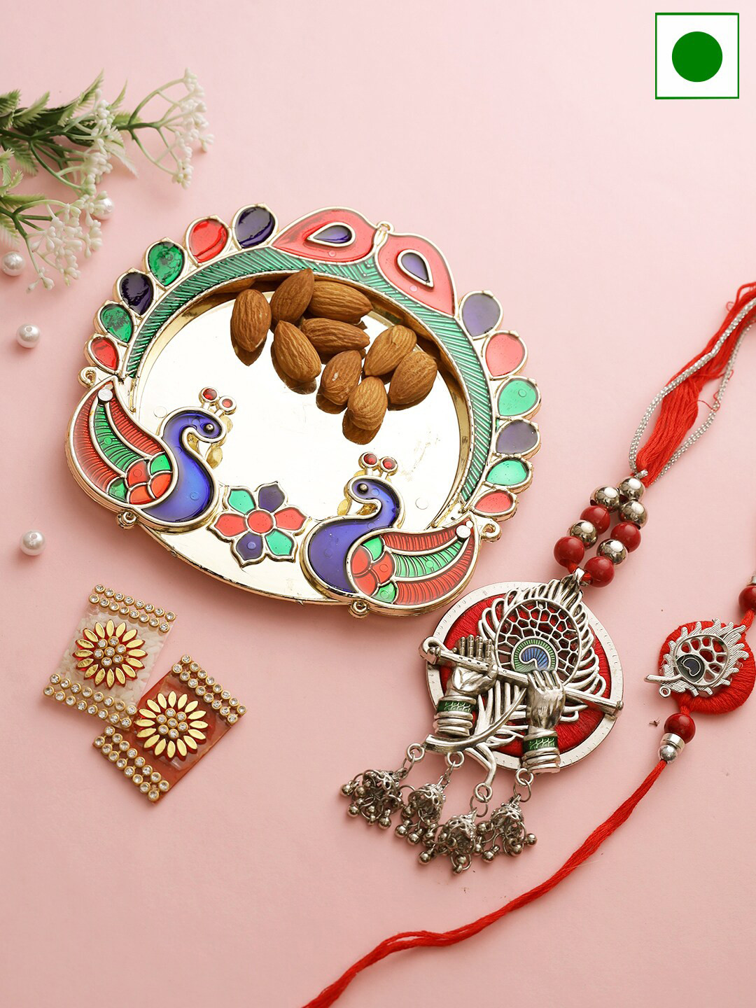 

Aapno Rajasthan Golden Peacock Rakhi Thali With Almonds And Bhaiya Bhabhi Rakhi 200gms, Gold