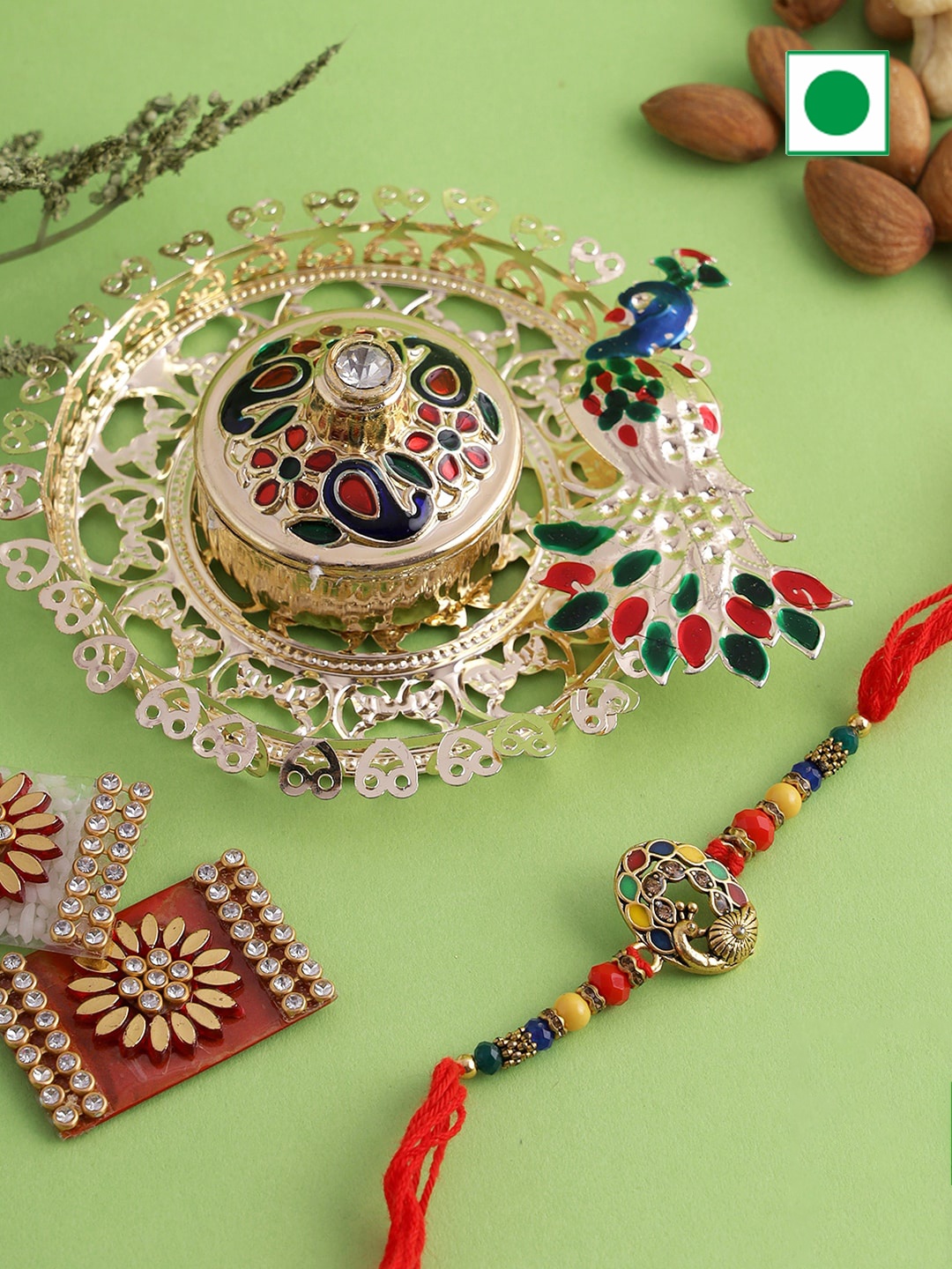

Aapno Rajasthan Pooja Thali With Almonds Cashews And Bhaiya Rakhi 100gm Each, Gold