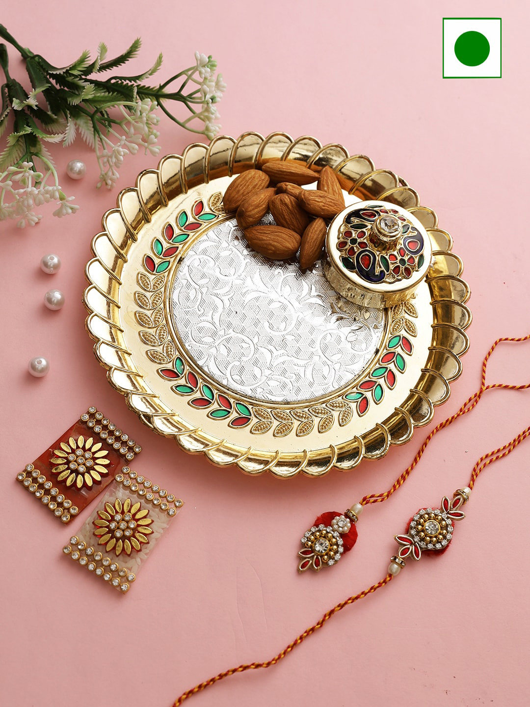 

Aapno Rajasthan Pooja Thali Decorated Box And Almonds With 2 Bhaiya Bhabhi Rakhi 200g, Gold
