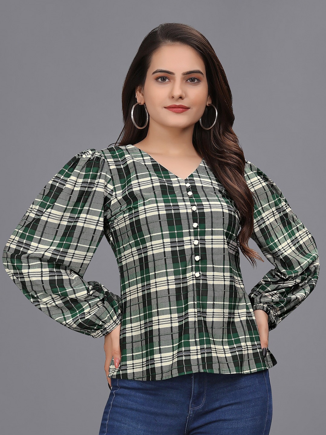 

OWO THE LABEL Checked V-Neck Puff Sleeves Shirt Style Top, Green