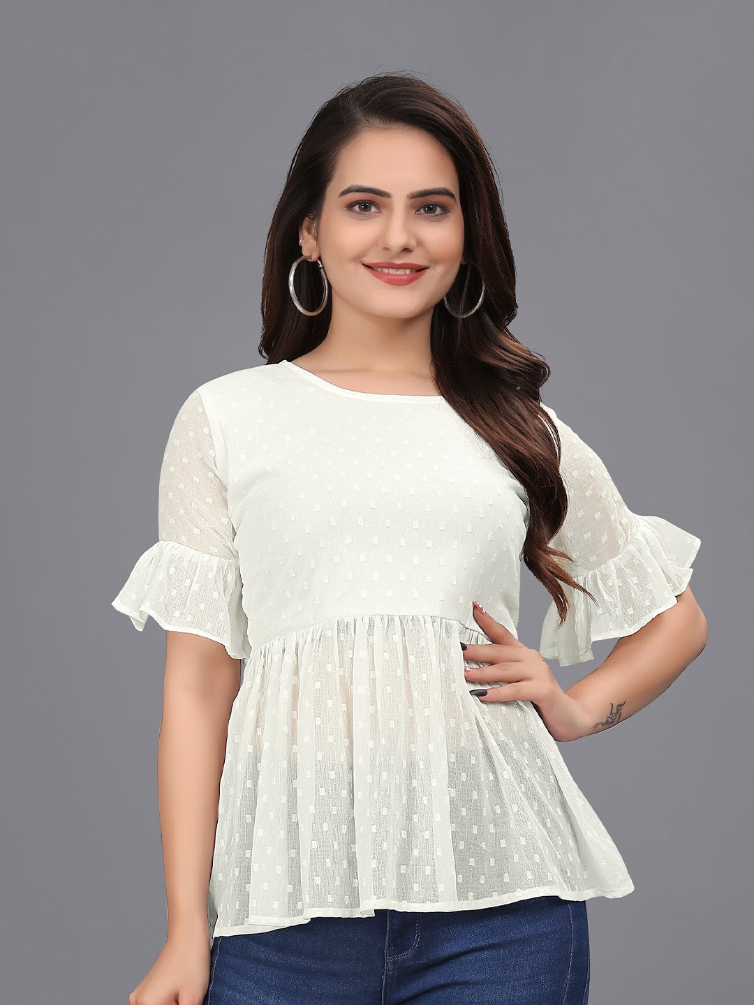 

OWO THE LABEL Self Design Flared Sleeve Fit And Flare Top, White