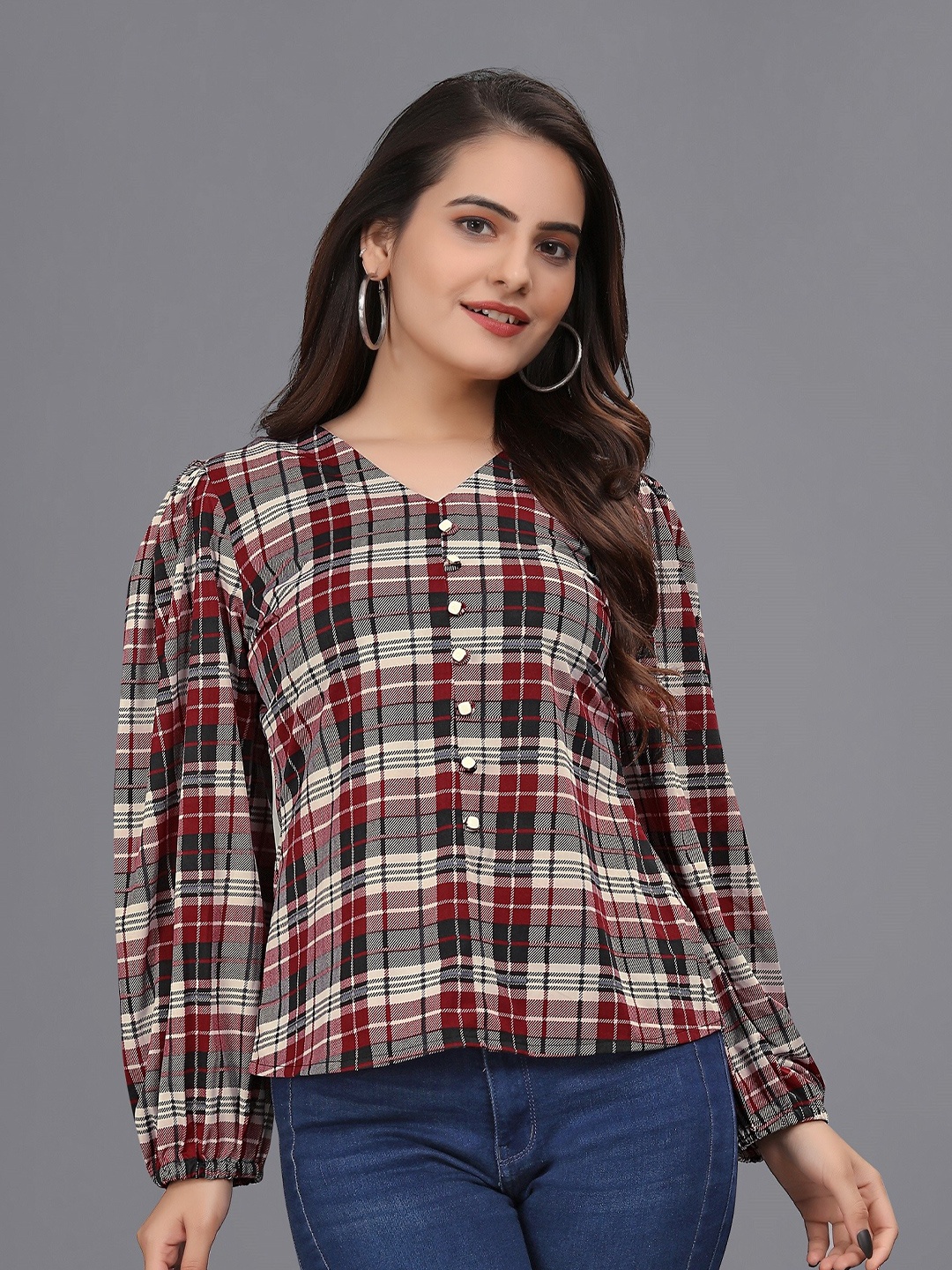 

OWO THE LABEL Checked V-Neck Puff Sleeves Shirt Style Top, Red