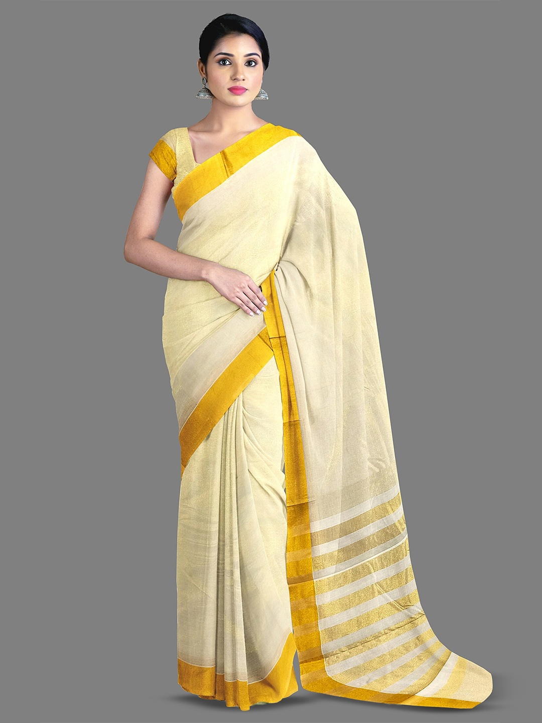 

The Chennai Silks Zari Pure Cotton Kasavu Saree, Off white