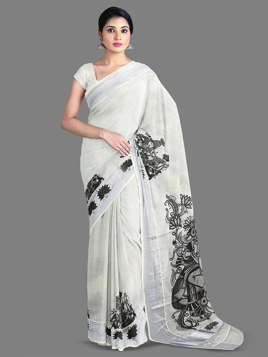 

The Chennai Silks Ethnic Motifs Printed Zari Pure Cotton Kasavu Saree, Silver