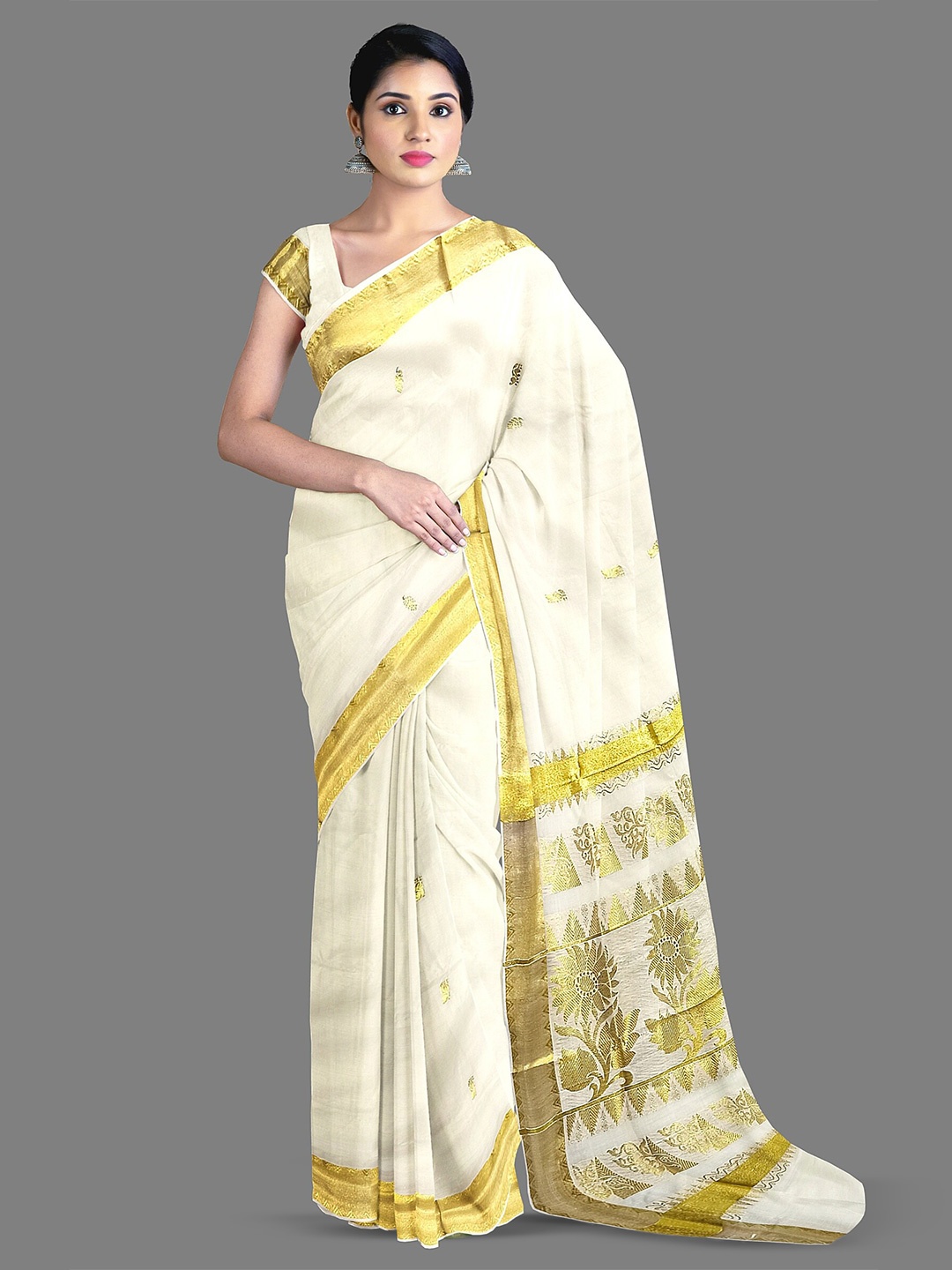 

The Chennai Silks Ethnic Motifs Woven Design Zari Pure Cotton Kasavu Saree, Off white