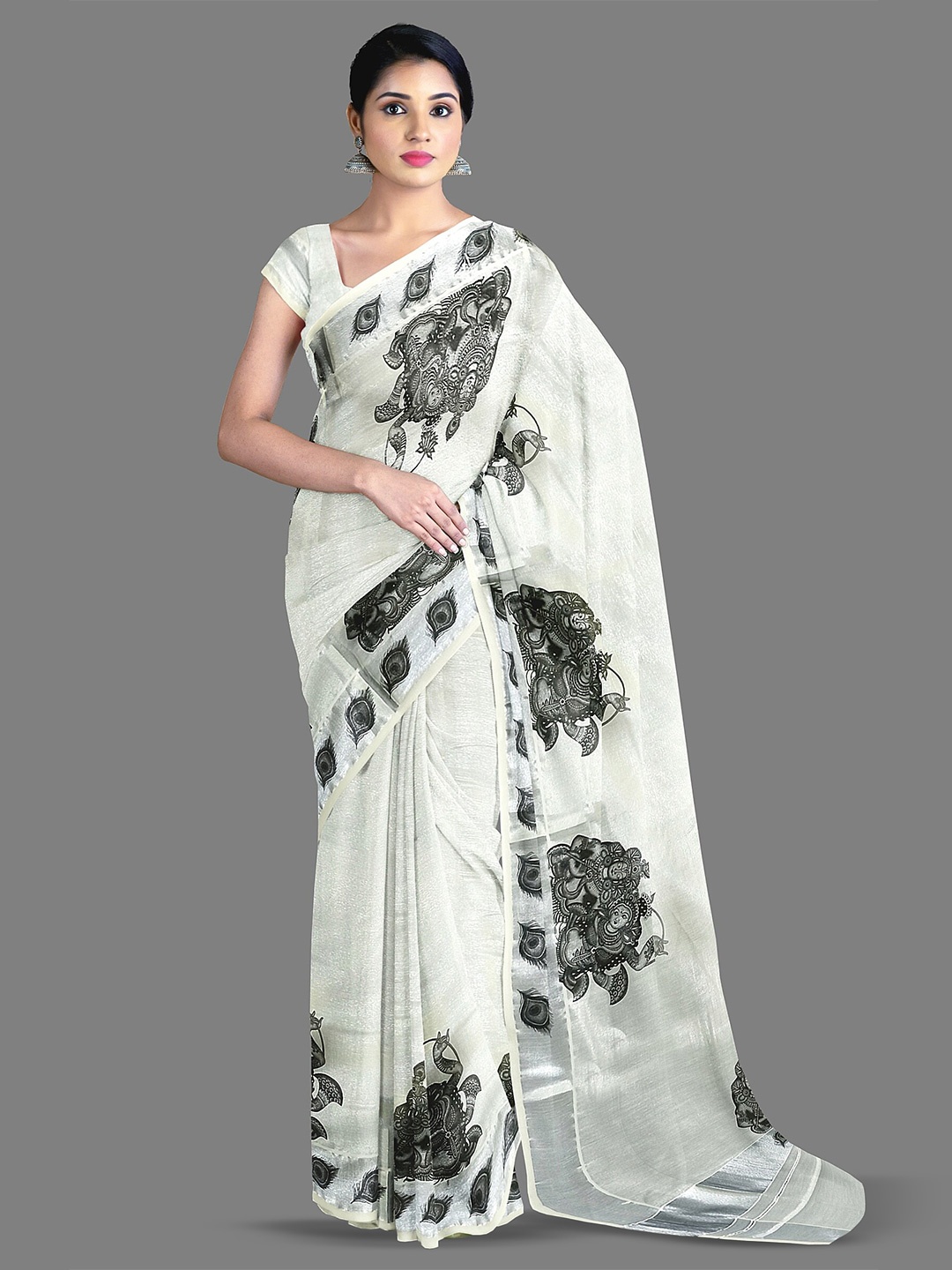 

The Chennai Silks Ethnic Motifs Printed Pure Cotton Kasavu Saree, Silver