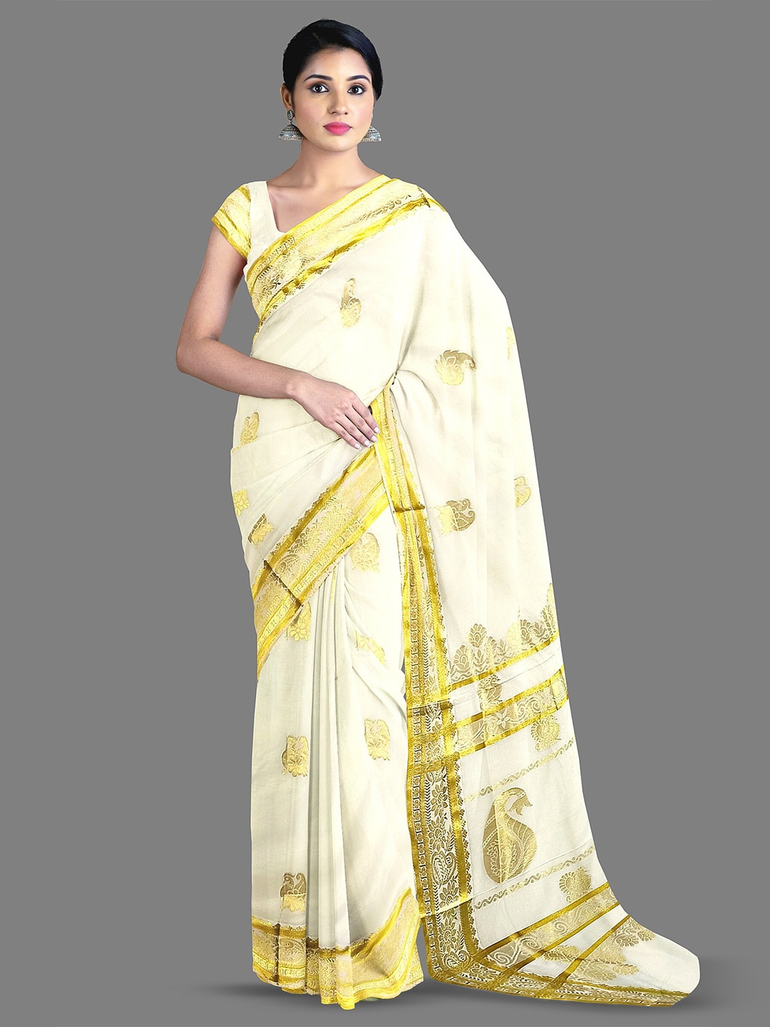 

The Chennai Silks Woven Design Zari Pure Cotton Kasavu Saree, Off white