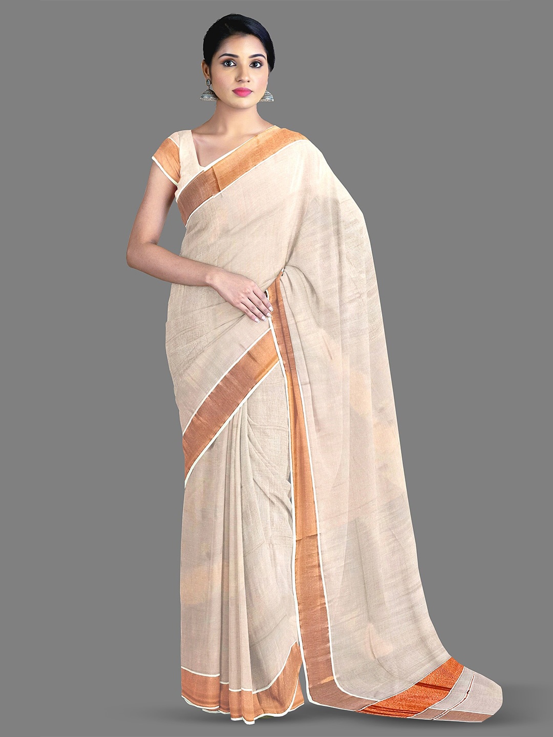 

The Chennai Silks Zari Pure Cotton Kasavu Saree, Off white