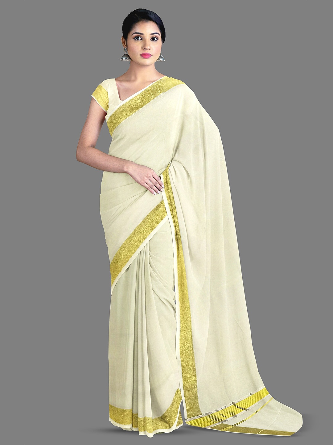 

The Chennai Silks Zari Pure Cotton Kasavu Saree, Off white