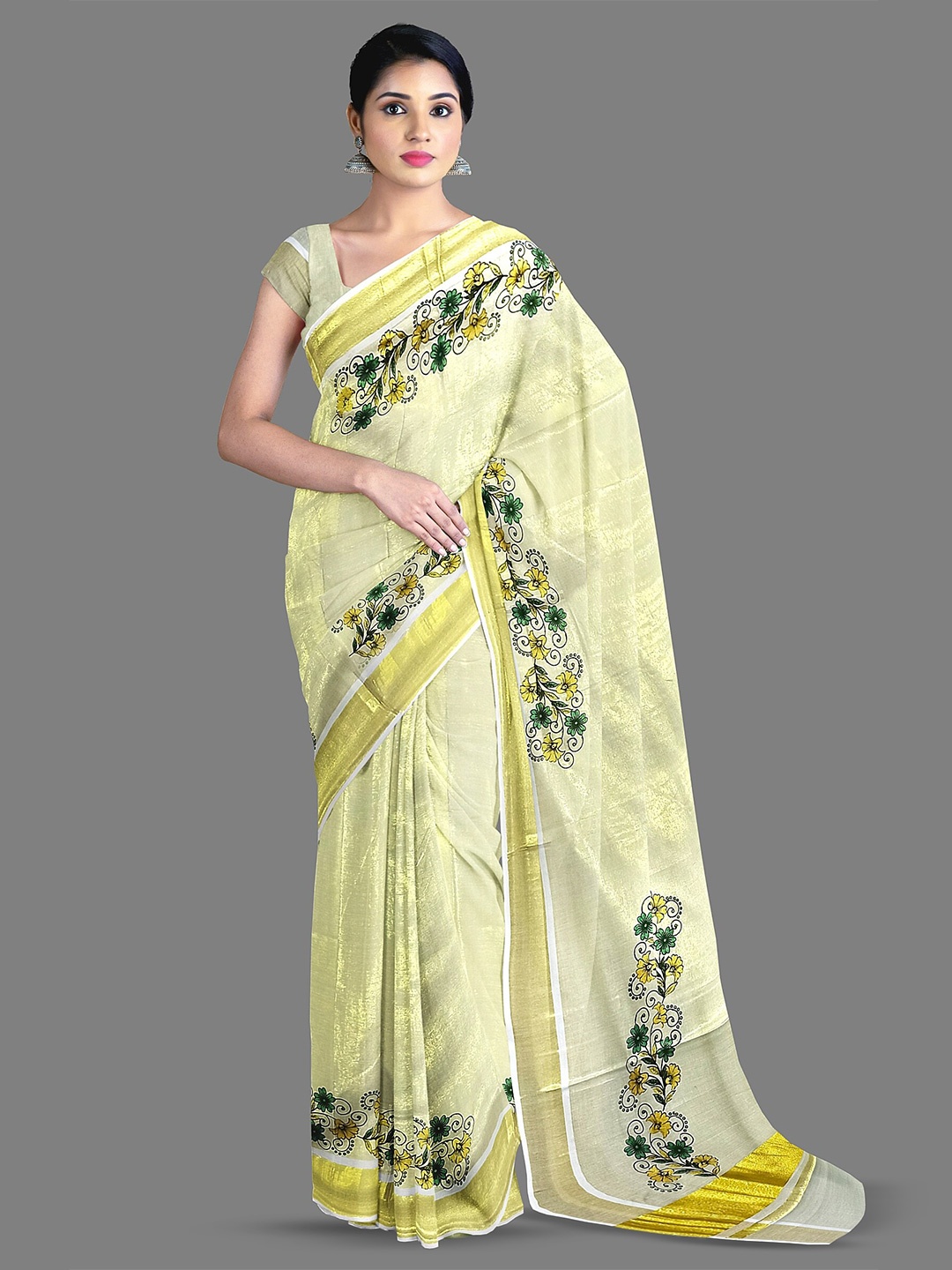 

The Chennai Silks Floral Printed Zari Pure Cotton Kasavu Saree, Off white
