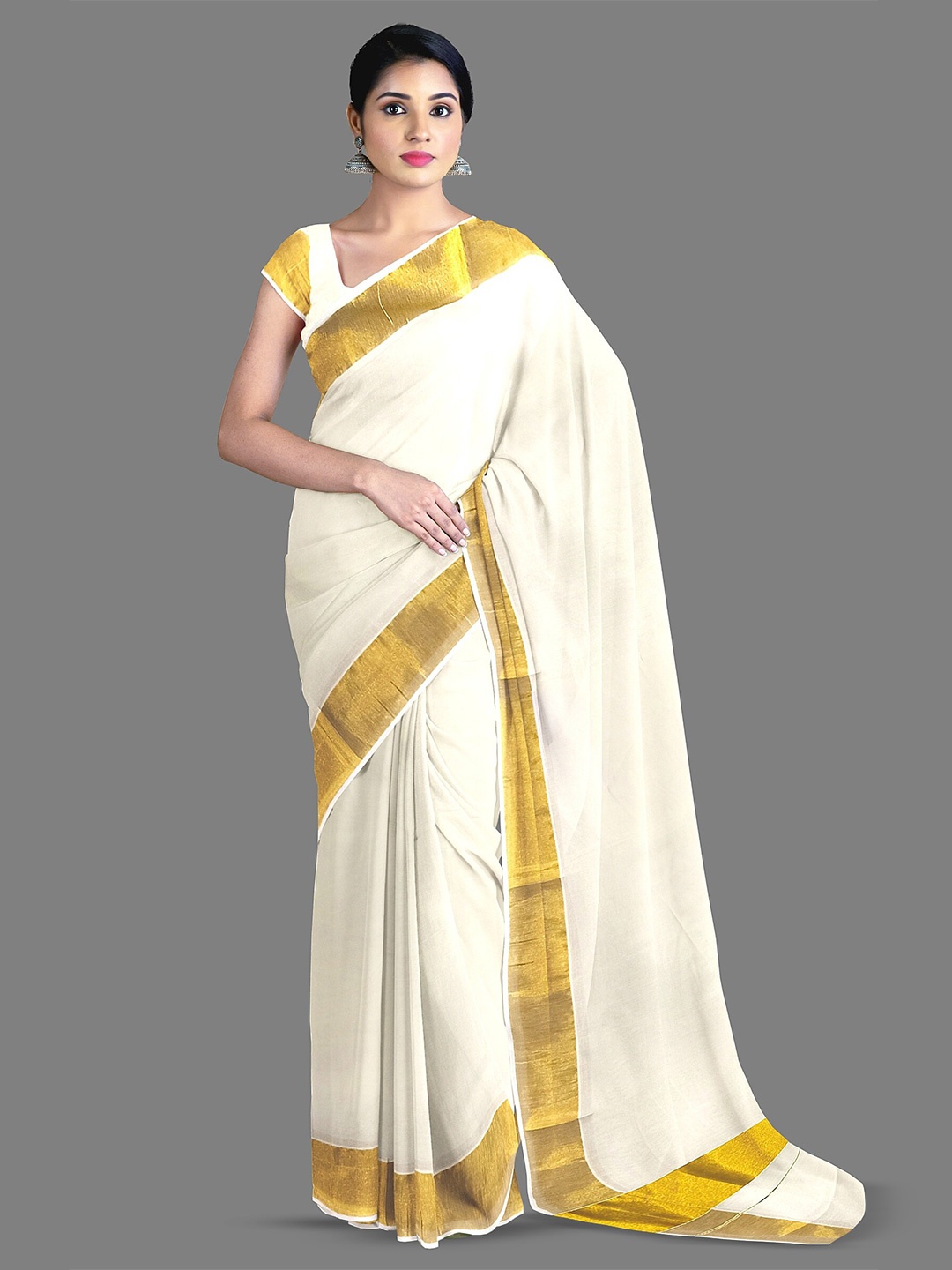 

The Chennai Silks Zari Pure Cotton Kasavu Saree, Off white