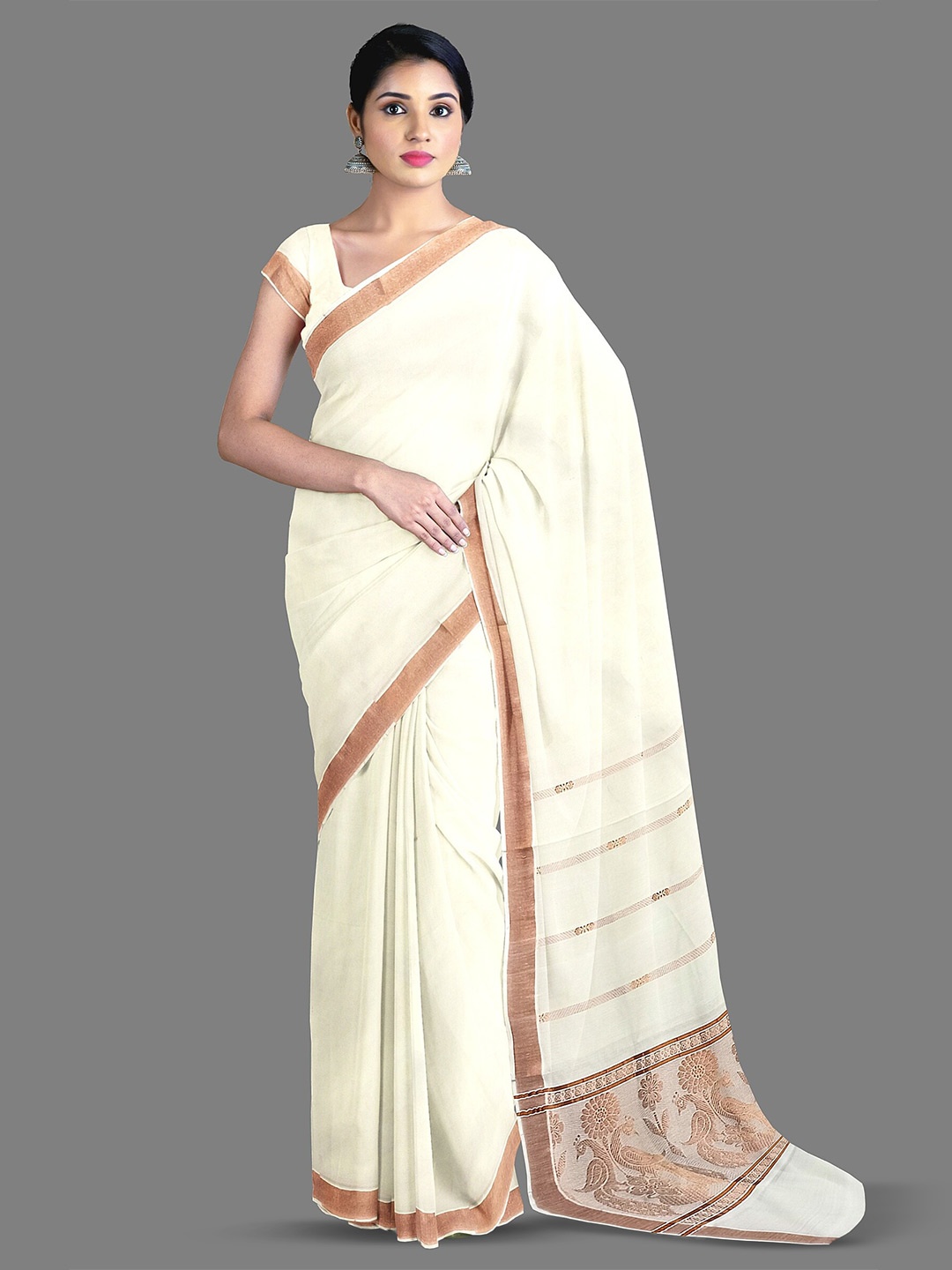 

The Chennai Silks Zari Pure Cotton Kasavu Saree, Off white