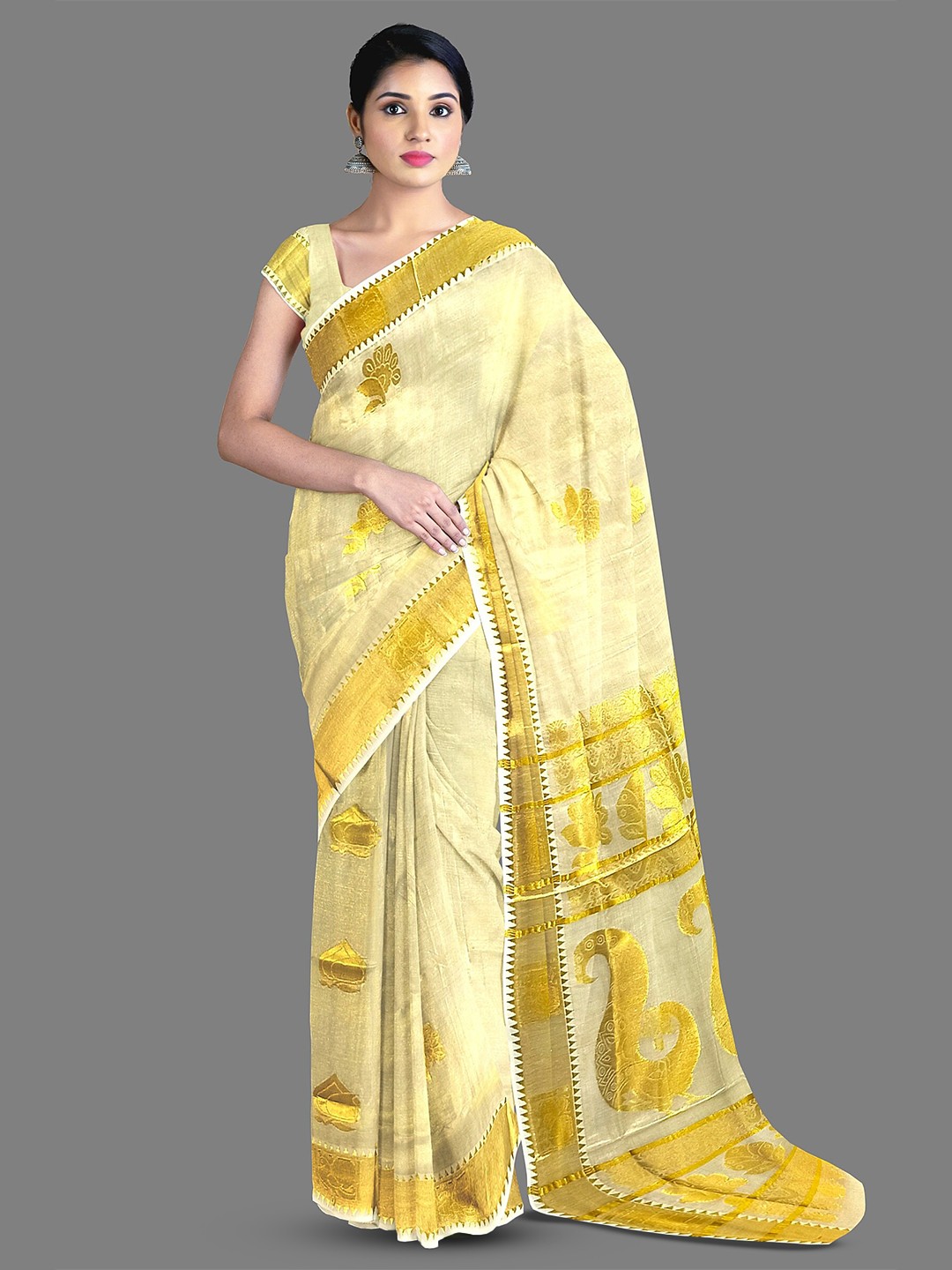 

The Chennai Silks Woven Design Zari Pure Cotton Kasavu Saree, Off white