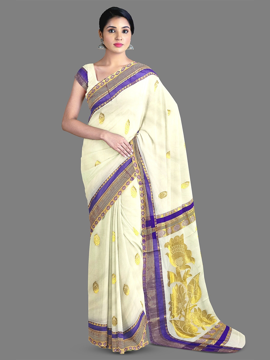 

The Chennai Silks Ethnic Motifs Woven Design Zari Pure Cotton Kasavu Saree, Off white