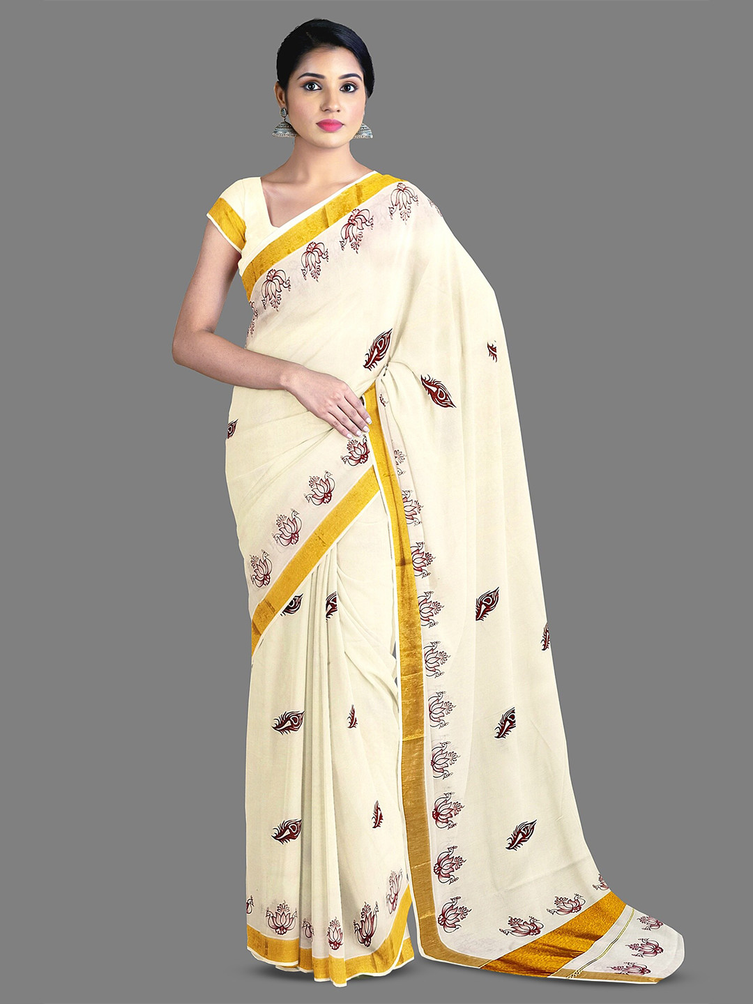 

The Chennai Silks Floral Printed Zari Pure Cotton Kasavu Saree, Off white