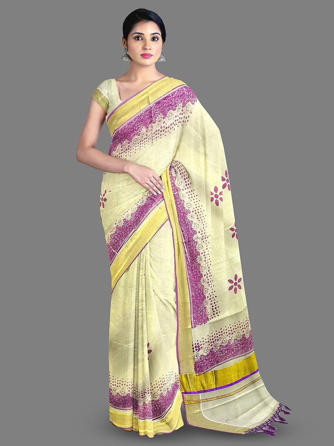 

The Chennai Silks Floral Printed Zari Pure Cotton Kasavu Saree, Off white