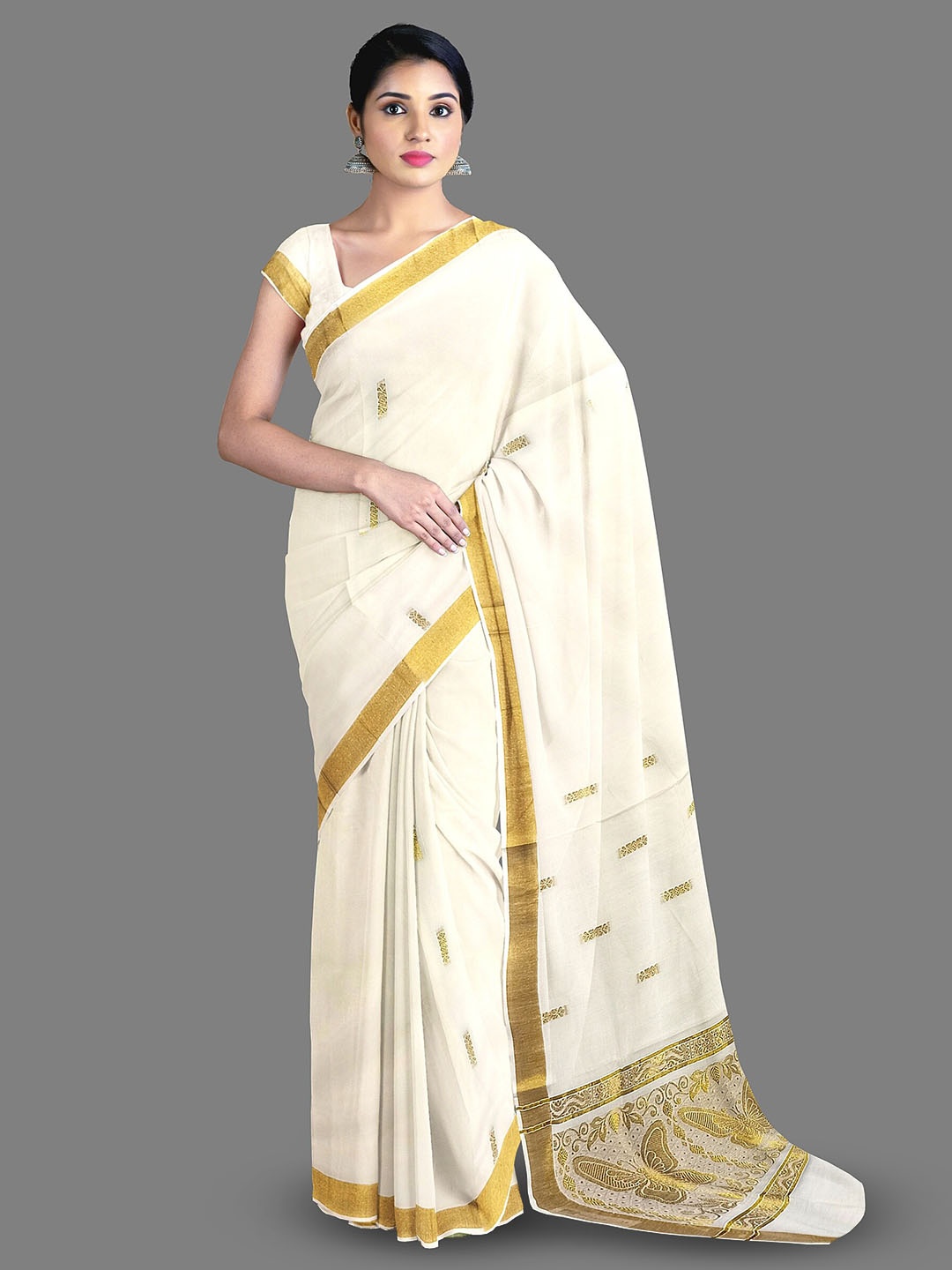 

The Chennai Silks Woven Design Zari Pure Cotton Kasavu Saree, Off white