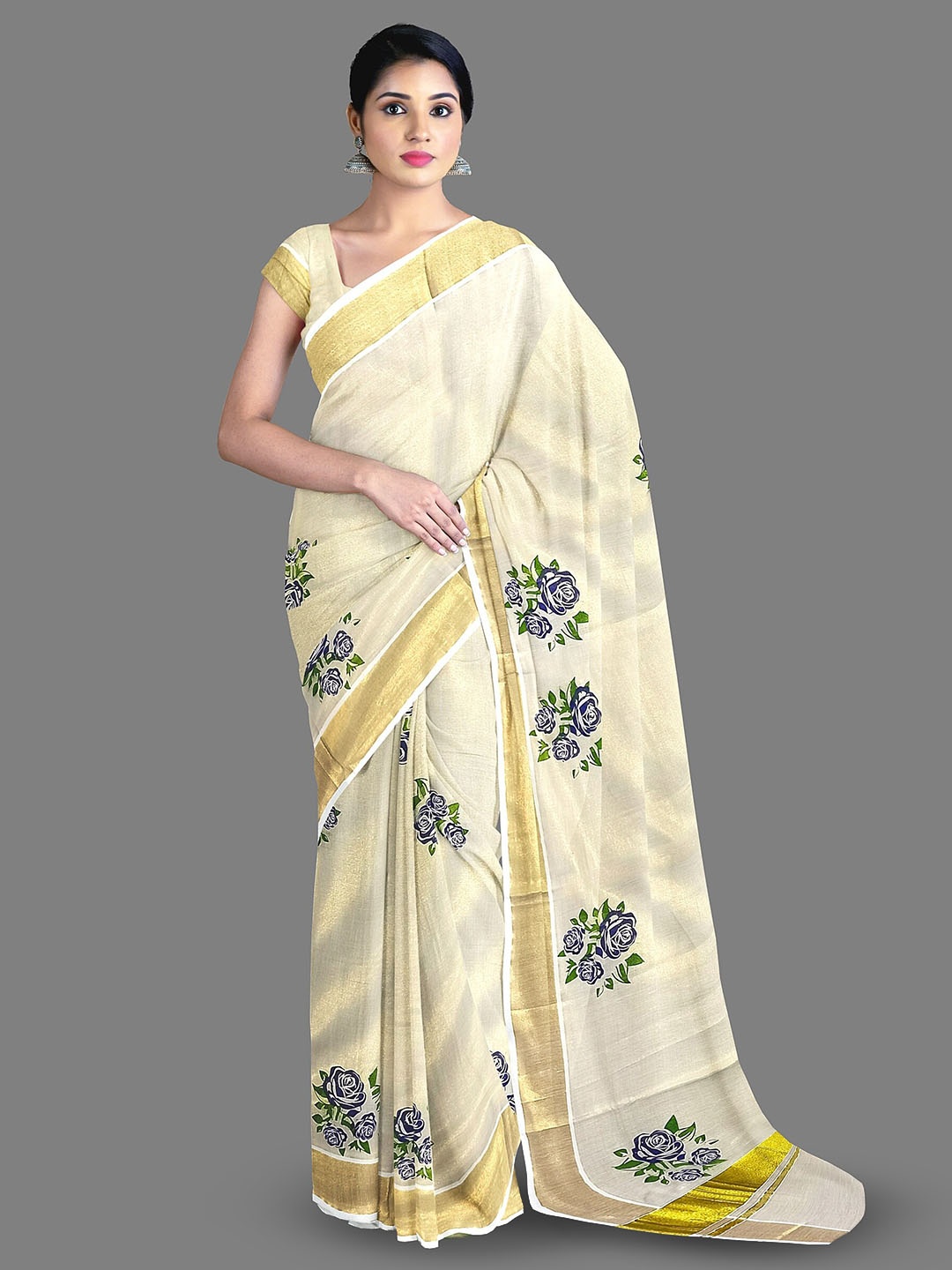 

The Chennai Silks Floral Printed Zari Pure Cotton Kasavu Saree, Off white