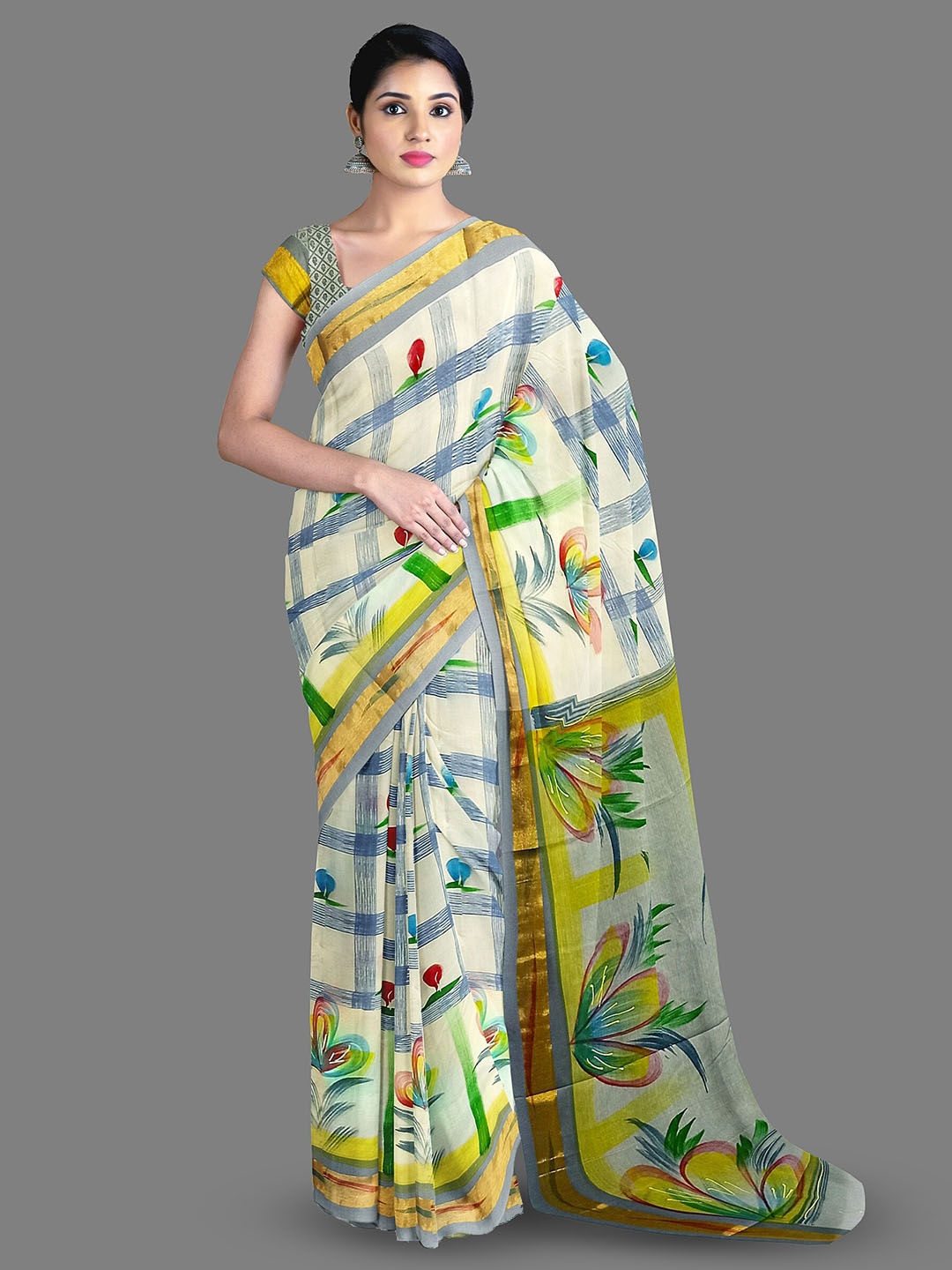 

The Chennai Silks Floral Printed Zari Pure Cotton Kasavu Saree, Off white