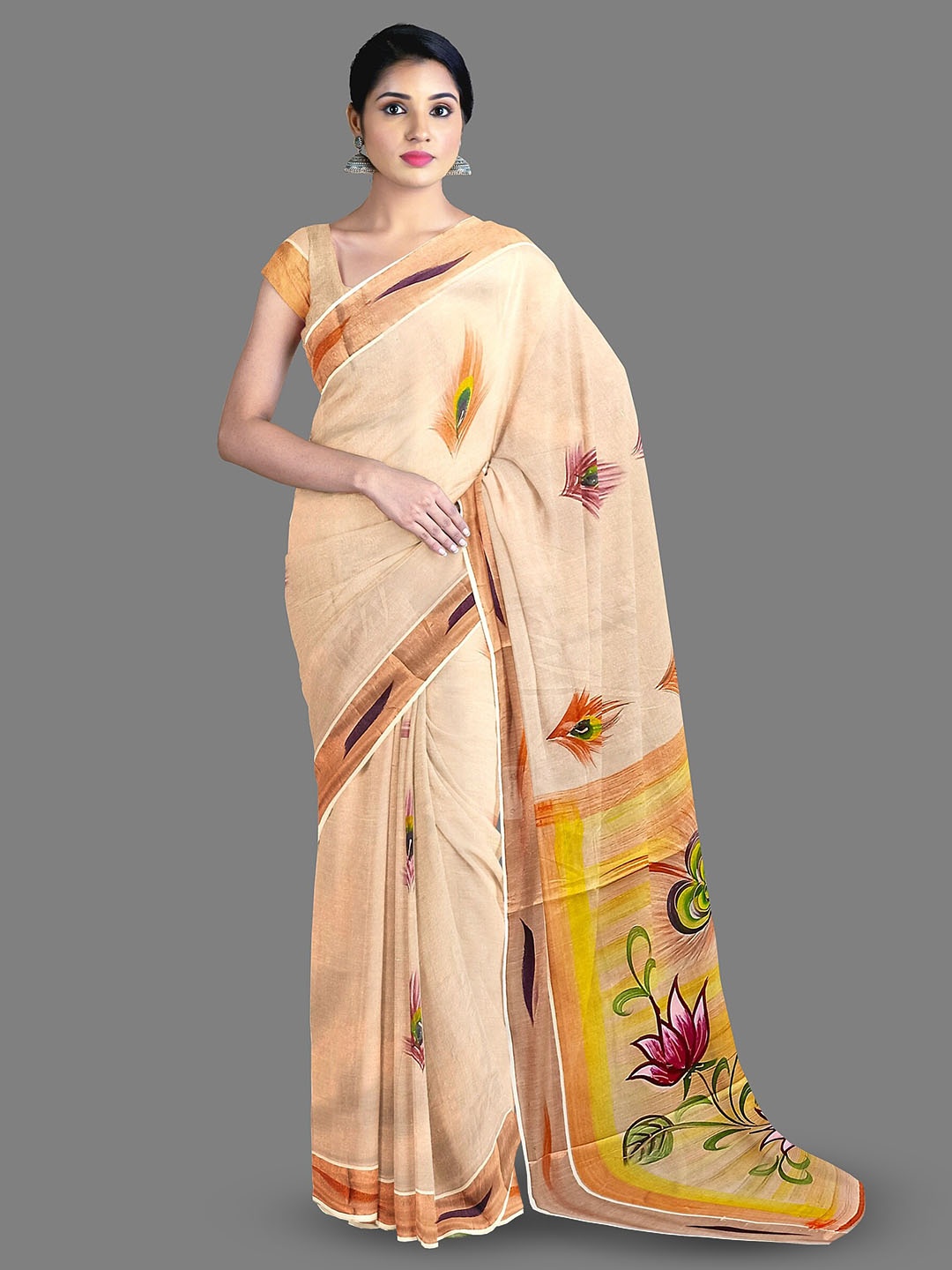 

The Chennai Silks Ethnic Motifs Printed Zari Pure Cotton Kasavu Saree, Off white