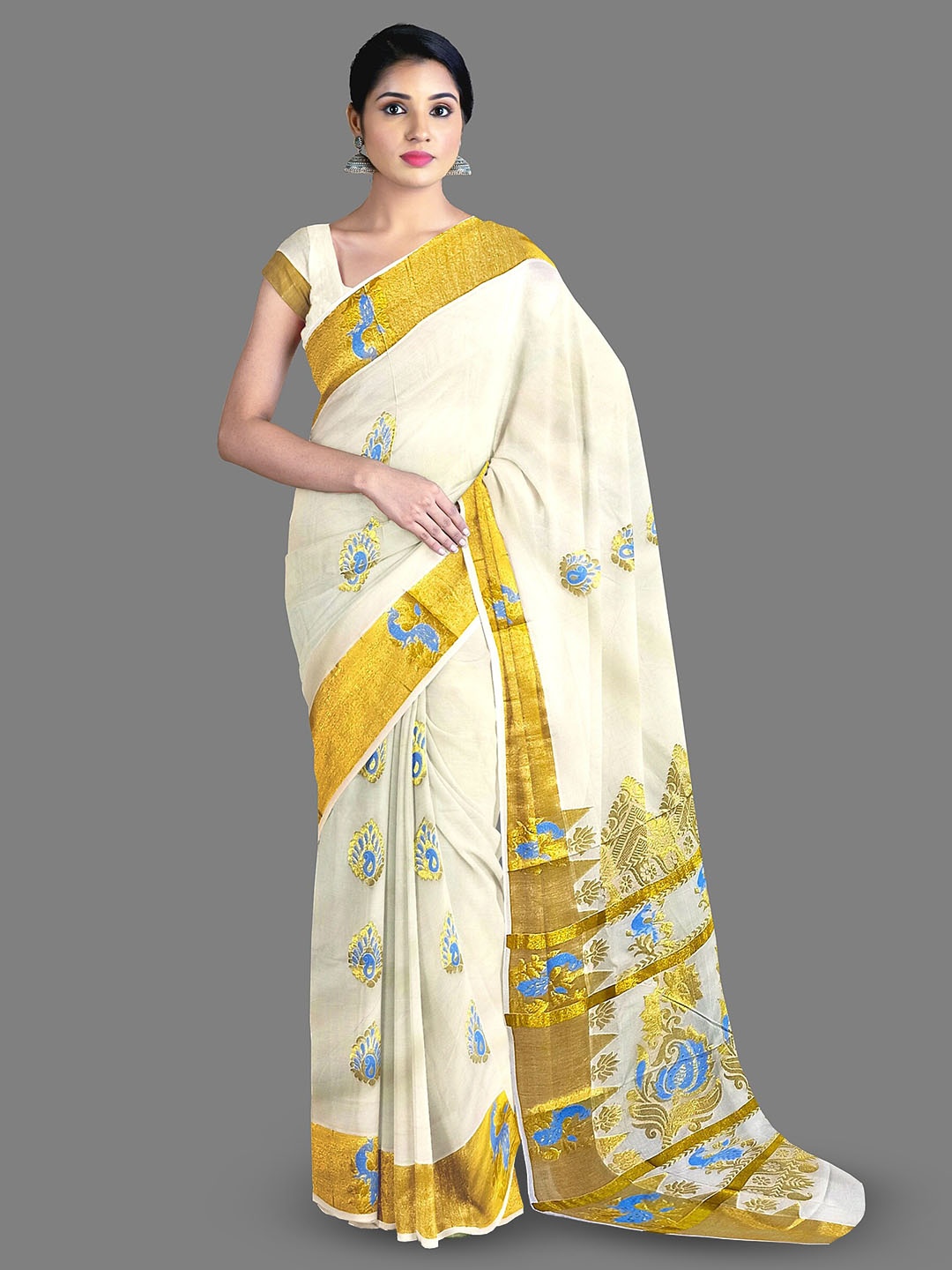 

The Chennai Silks Woven Design Zari Pure Cotton Kasavu Saree, Off white
