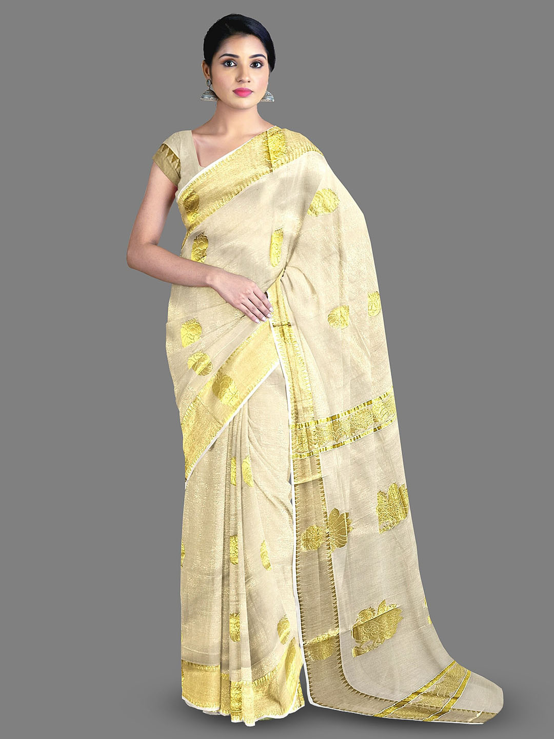 

The Chennai Silks Woven Design Zari Pure Cotton Kasavu Saree, Off white