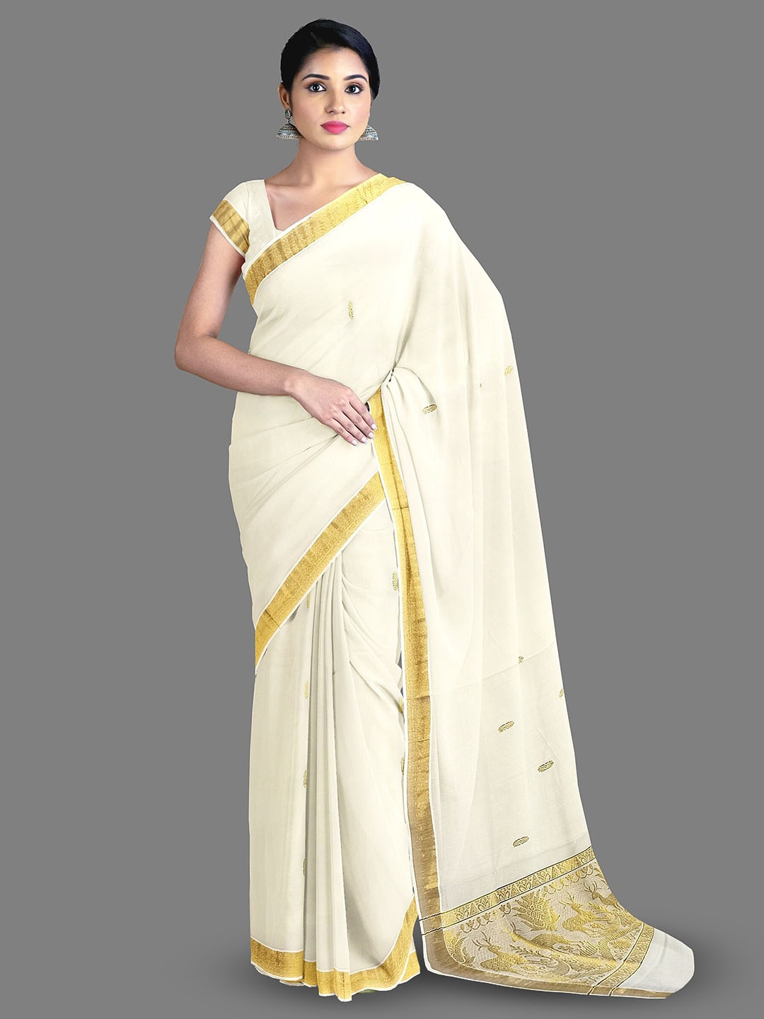 

The Chennai Silks Woven Design Zari Pure Cotton Kasavu Saree, Off white