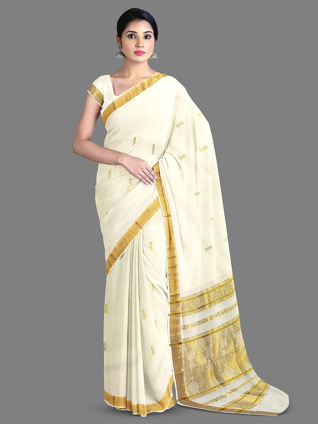 

The Chennai Silks Ethnic Motifs Woven Design Zari Pure Cotton Kasavu Saree, Off white