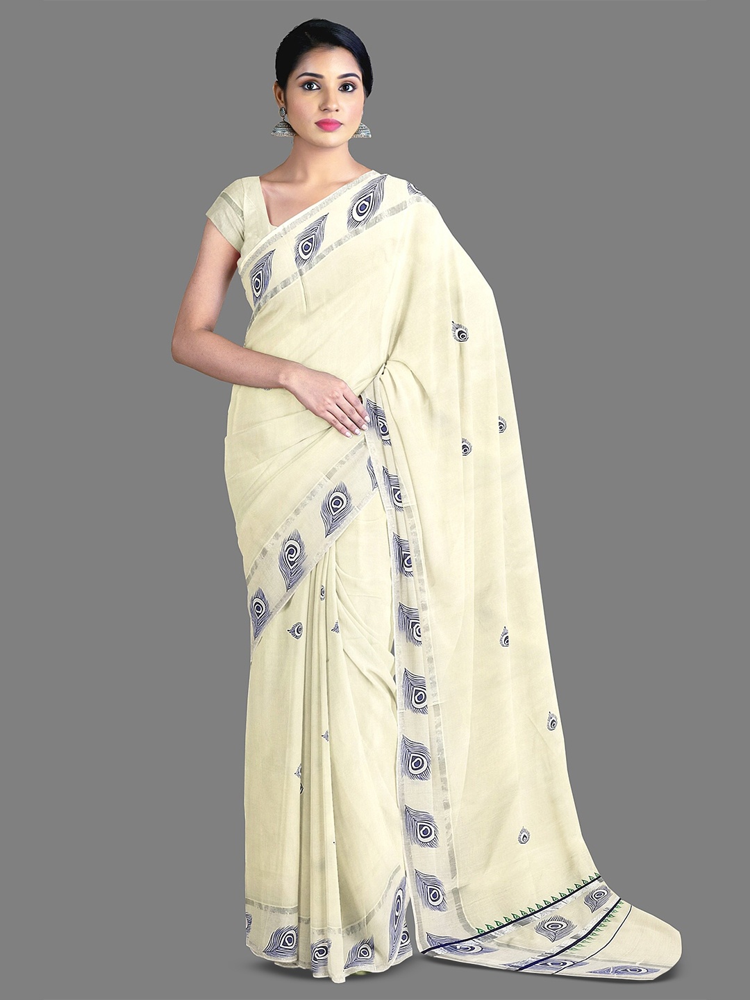 

The Chennai Silks Ethnic Motifs Printed Pure Cotton Kasavu Saree, Off white