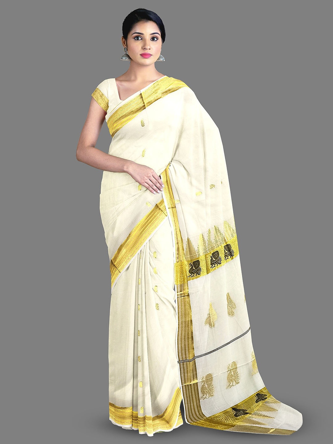 

The Chennai Silks Woven Design Zari Pure Cotton Kasavu Saree, Off white