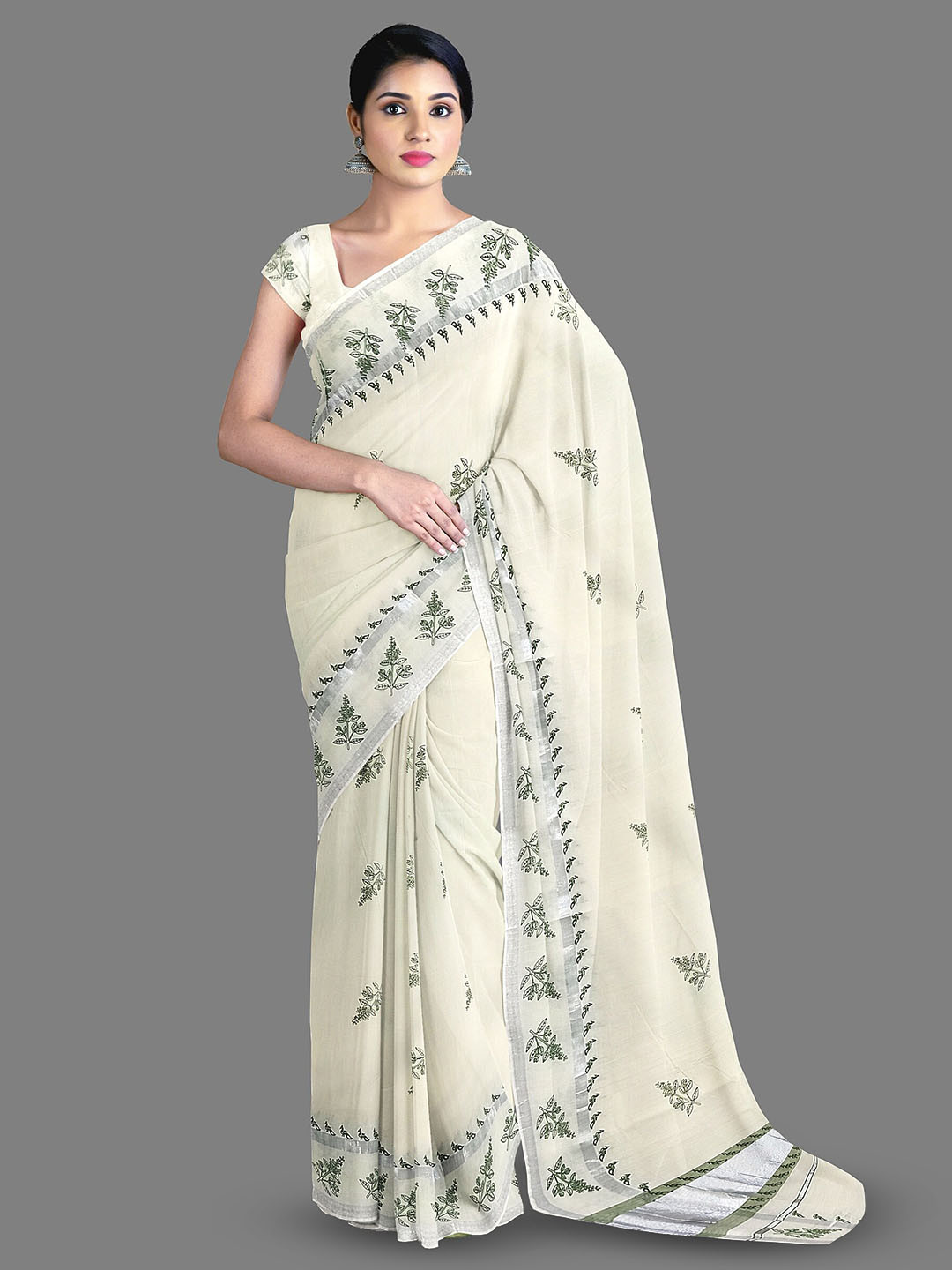 

The Chennai Silks Floral Printed Zari Pure Cotton Kasavu Saree, Off white