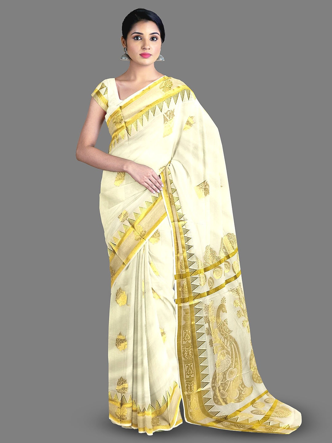 

The Chennai Silks Woven Design Zari Pure Cotton Kasavu Saree, Off white