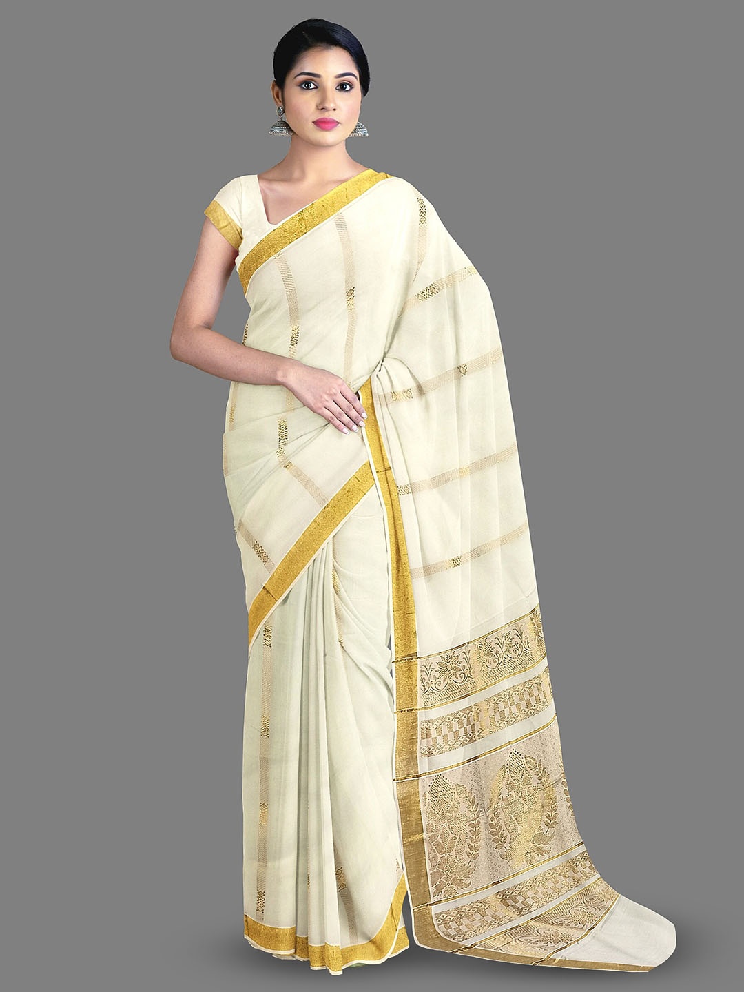 

The Chennai Silks Striped Woven Design Zari Pure Cotton Kasavu Saree, Off white