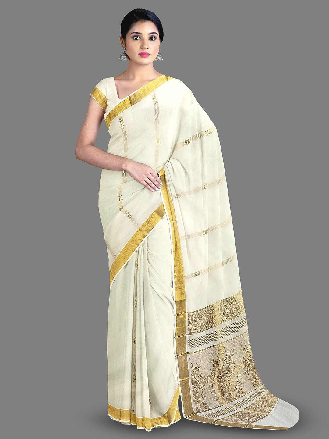 

The Chennai Silks Woven Design Zari Pure Cotton Kasavu Saree, Off white